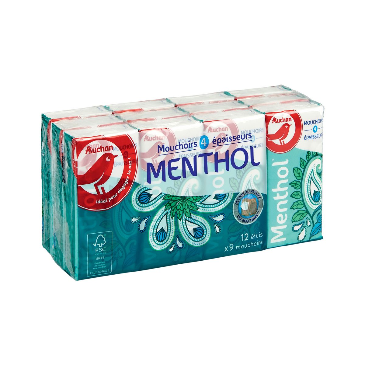 AUCHAN Paquets de mouchoirs au menthol 4 épaisseurs 12x9 mouchoirs