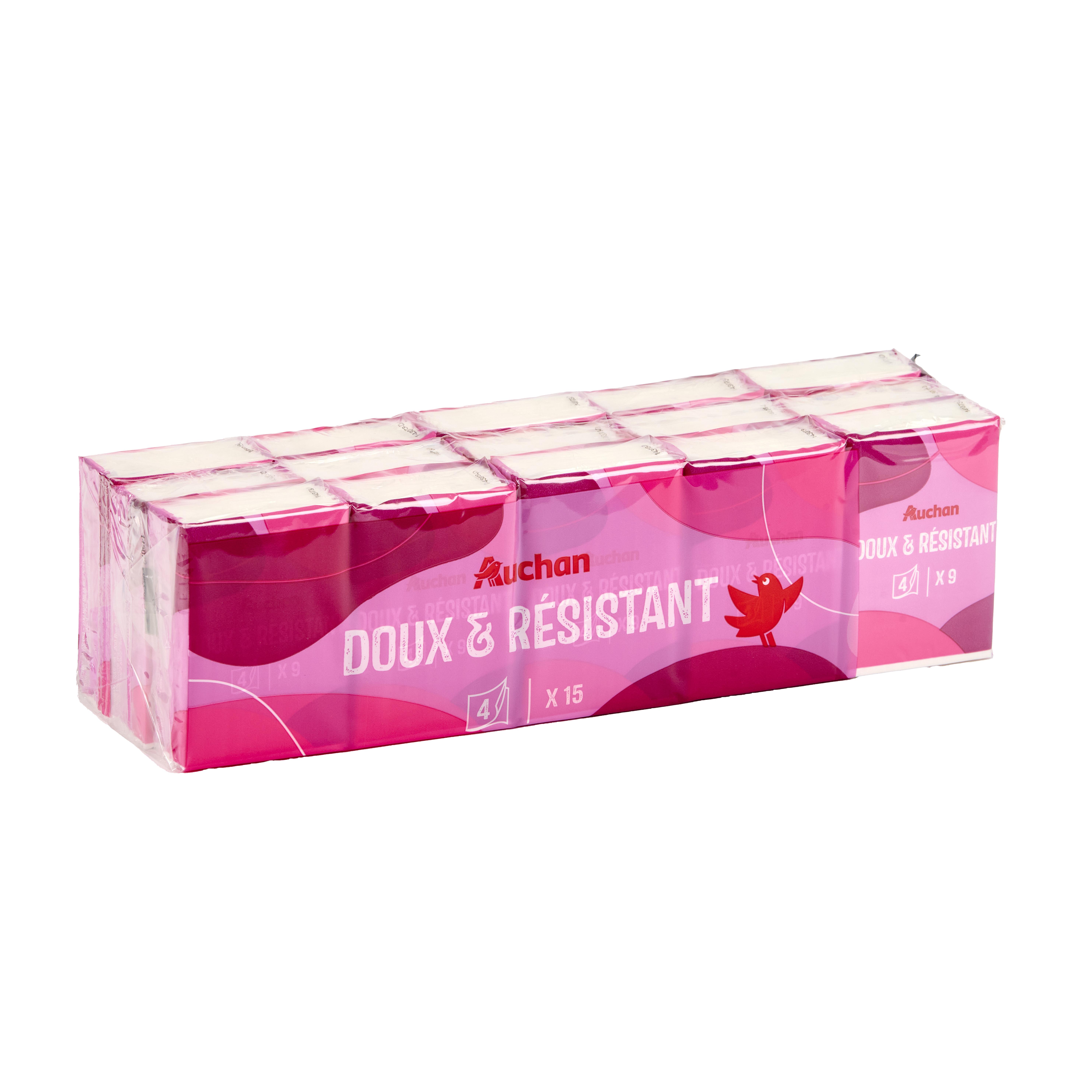 Voir la diapositive 2 : AUCHAN Paquets de mouchoirs 4 épaisseurs 15 paquets x 9 mouchoirs