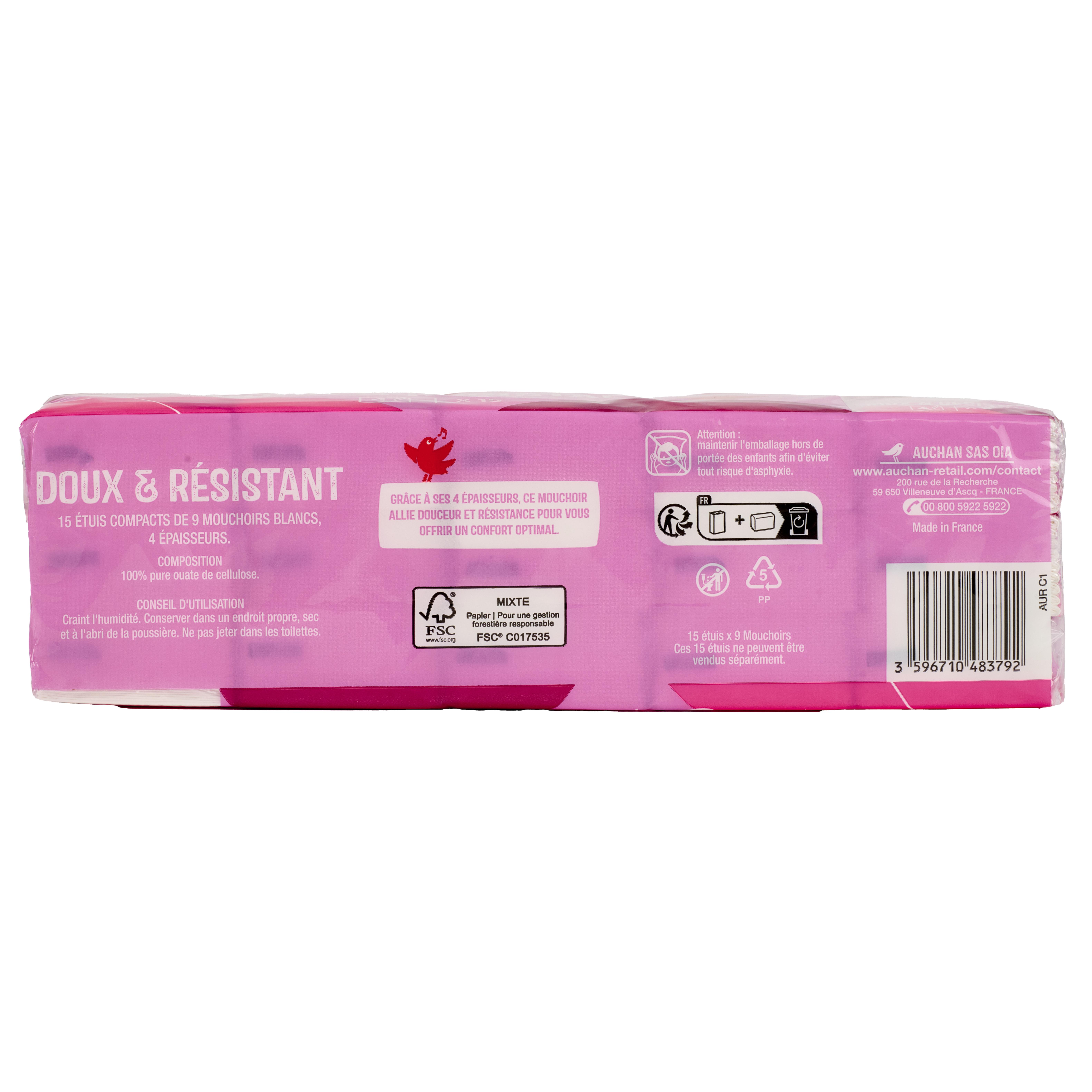 Voir la diapositive 3 : AUCHAN Paquets de mouchoirs 4 épaisseurs 15 paquets x 9 mouchoirs