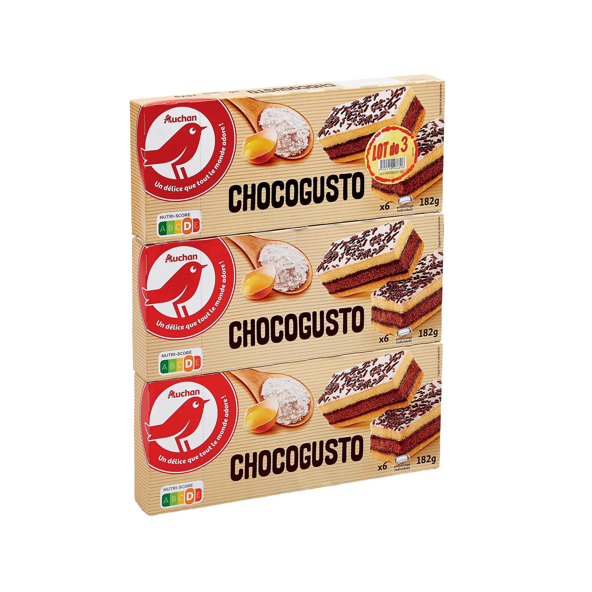 Voir la diapositive 2 : AUCHAN Chocogusto génoise 3 paquets de 6 546g