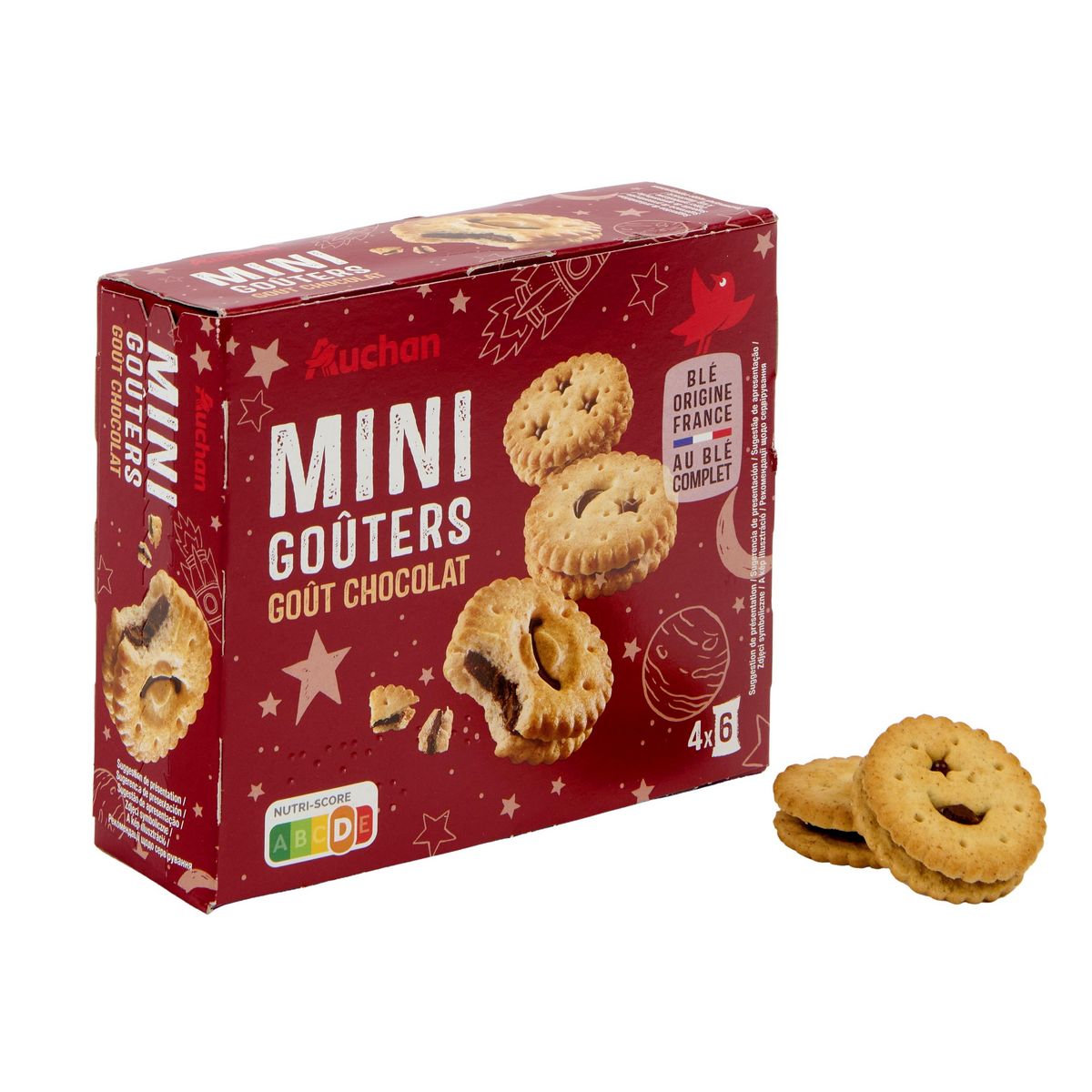 AUCHAN Mini goûters biscuits fourrés au chocolat sachets fraîcheur 4x6 biscuits 168g