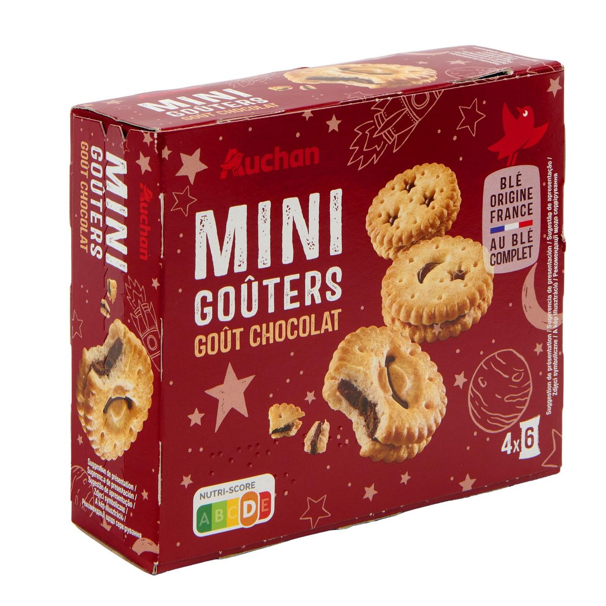 AUCHAN Mini goûters biscuits fourrés au chocolat sachets fraîcheur 4x6 biscuits 168g
