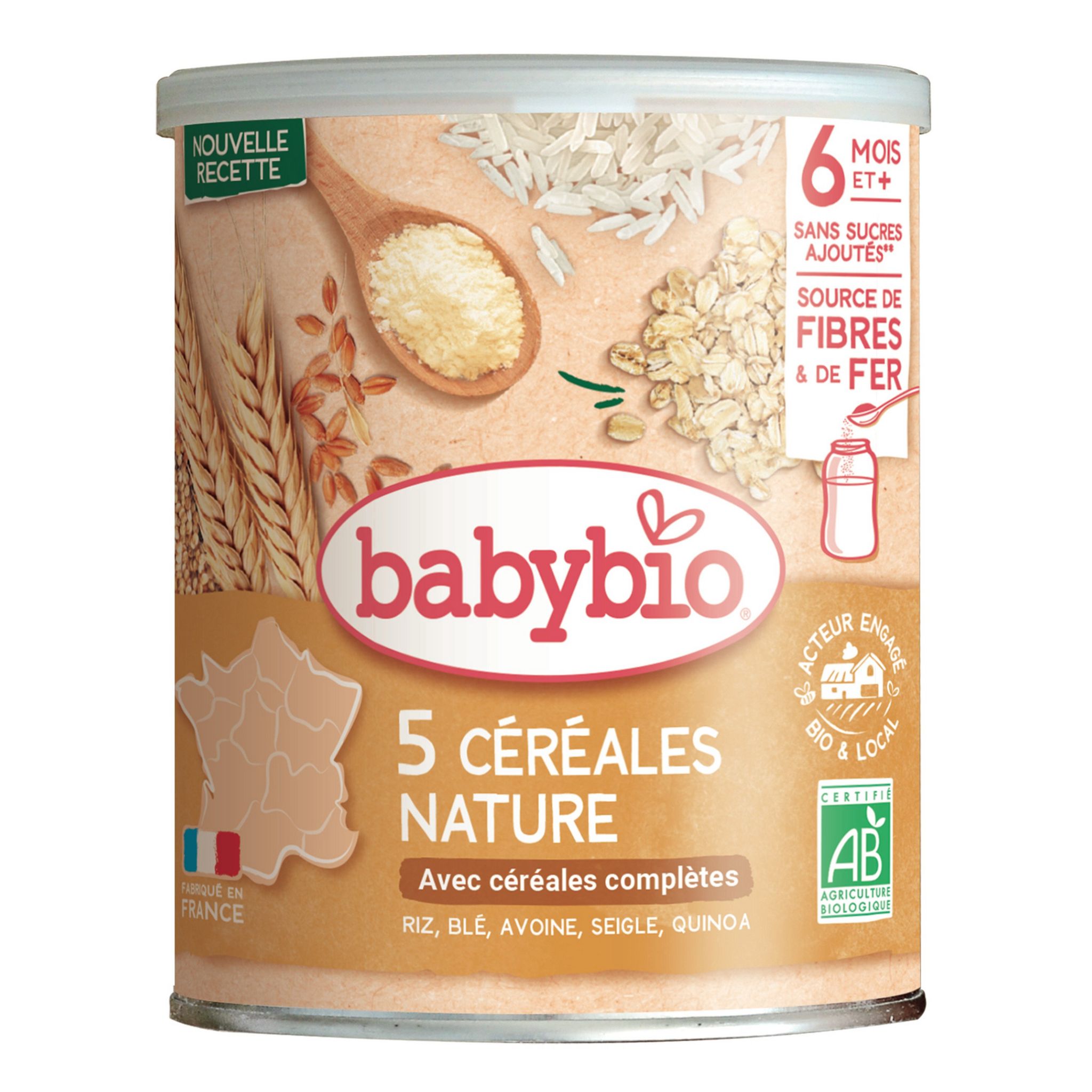 BABYBIO 5 Céréales nature avec riz blé avoine seigle quinoa bio en poudre dès 6 mois 220g