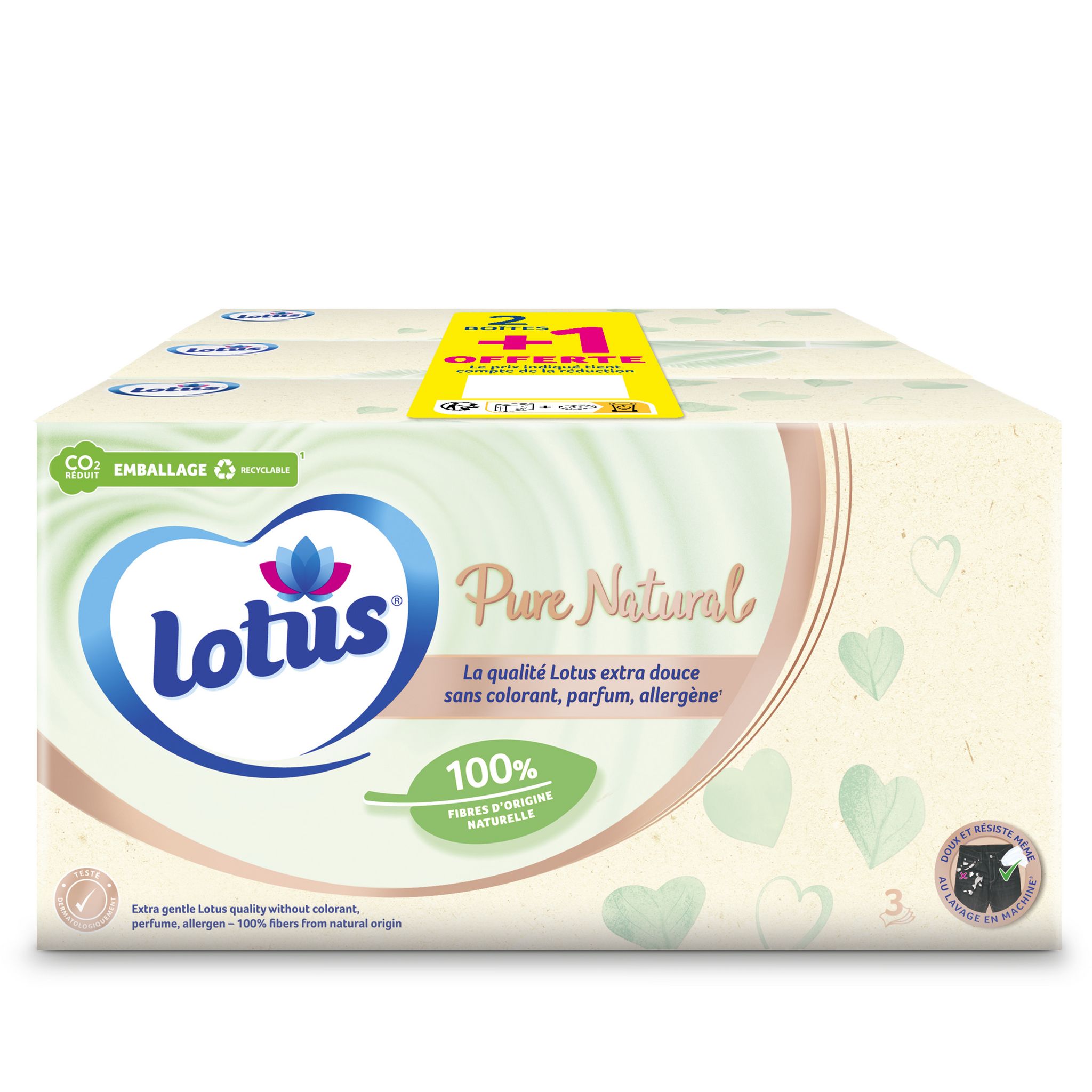LOTUS Boîte de mouchoirs blancs pure natural 2+1 offert 3x80 mouchoirs