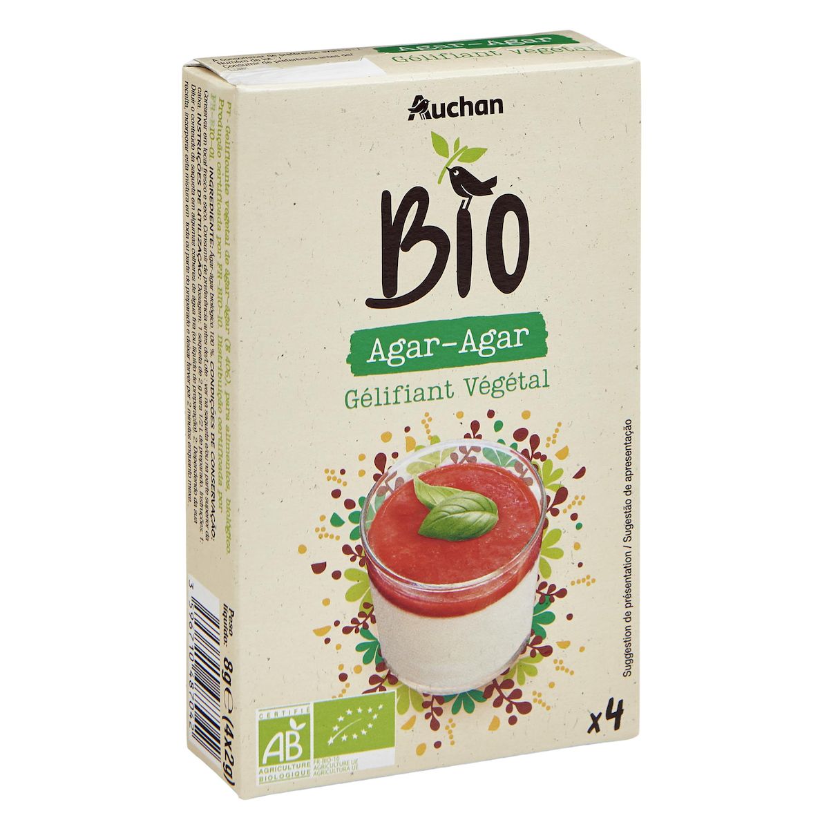 AUCHAN BIO Agar-agar gélifiant végétal 4 pièces 8g