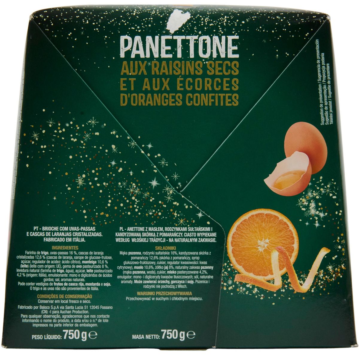 AUCHAN Panettone pur beurre raisins secs écorces oranges confites 1 pièce 750g