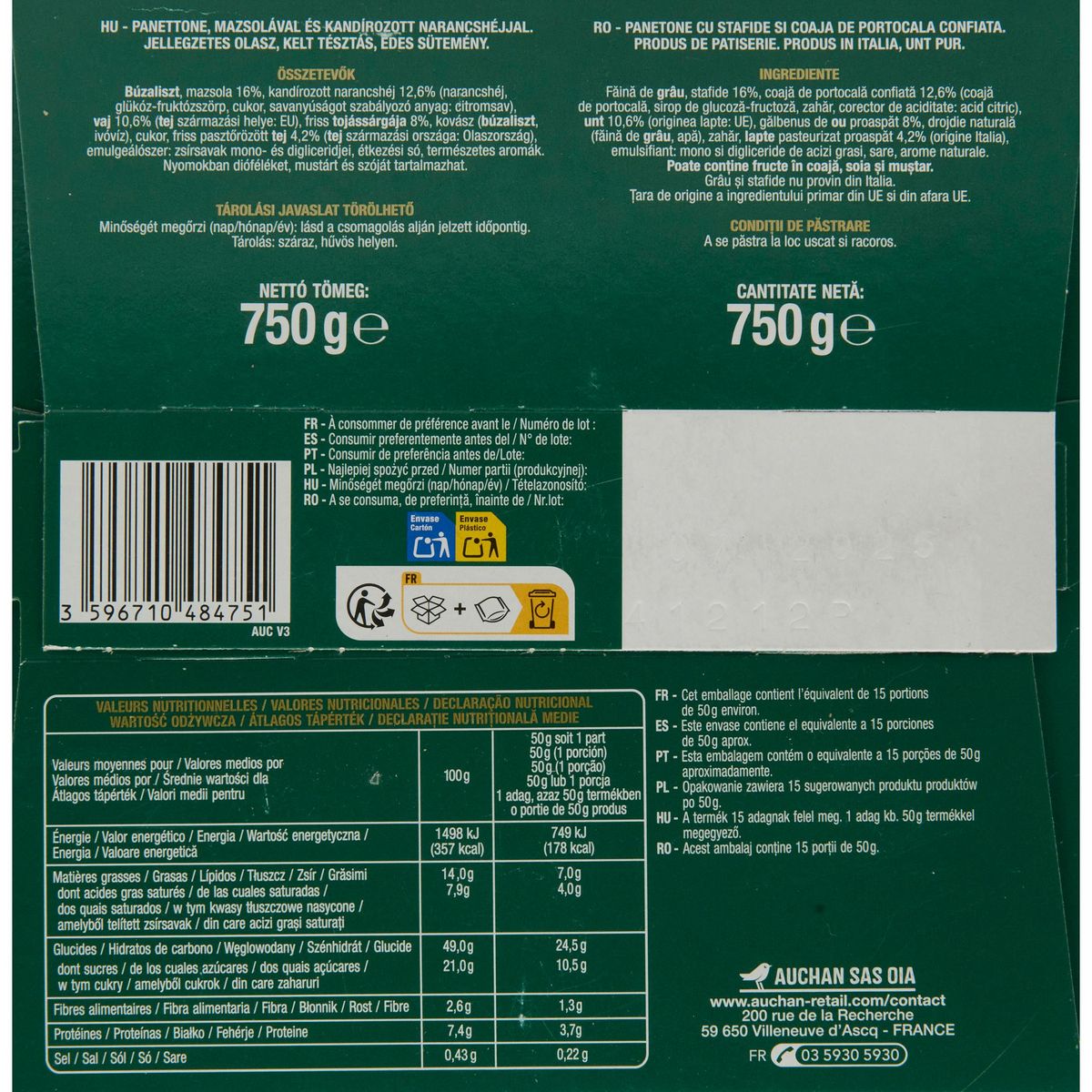 AUCHAN Panettone pur beurre raisins secs écorces oranges confites 1 pièce 750g