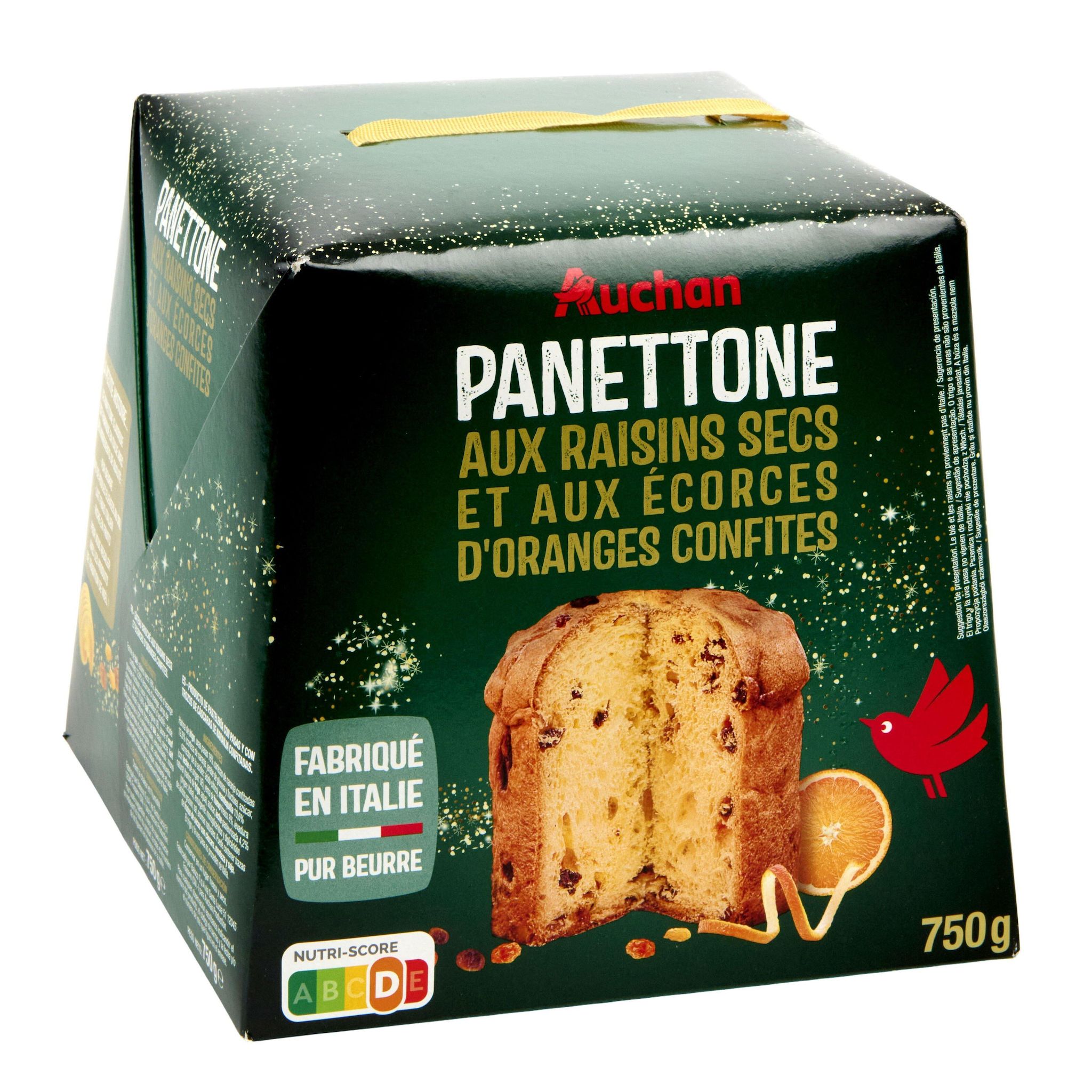 Voir la diapositive 4 : AUCHAN Panettone pur beurre raisins secs écorces oranges confites 1 pièce 750g