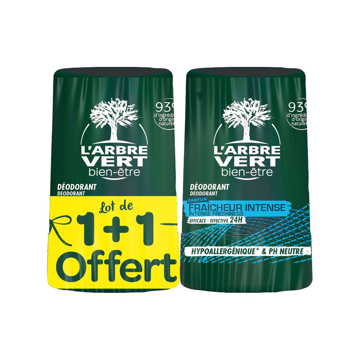 L'ARBRE VERT Déodorant bille homme 24h anti-traces blanches  2x50ml