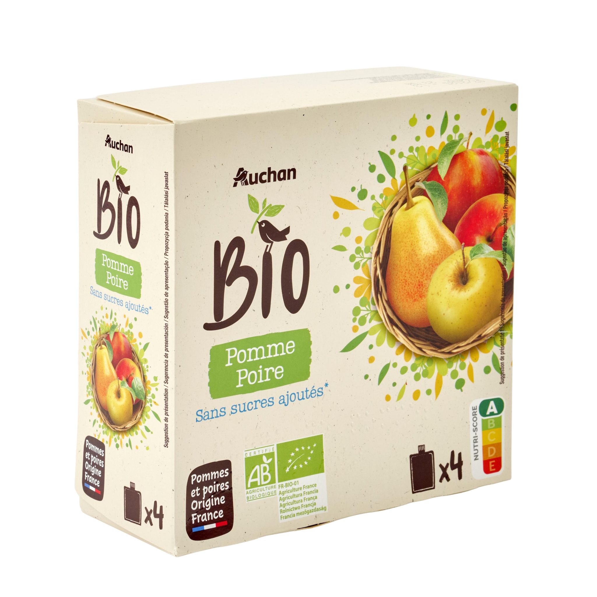 Voir la diapositive 3 : AUCHAN BIO Gourdes purée de pomme poire sans sucres ajoutés 4x90g