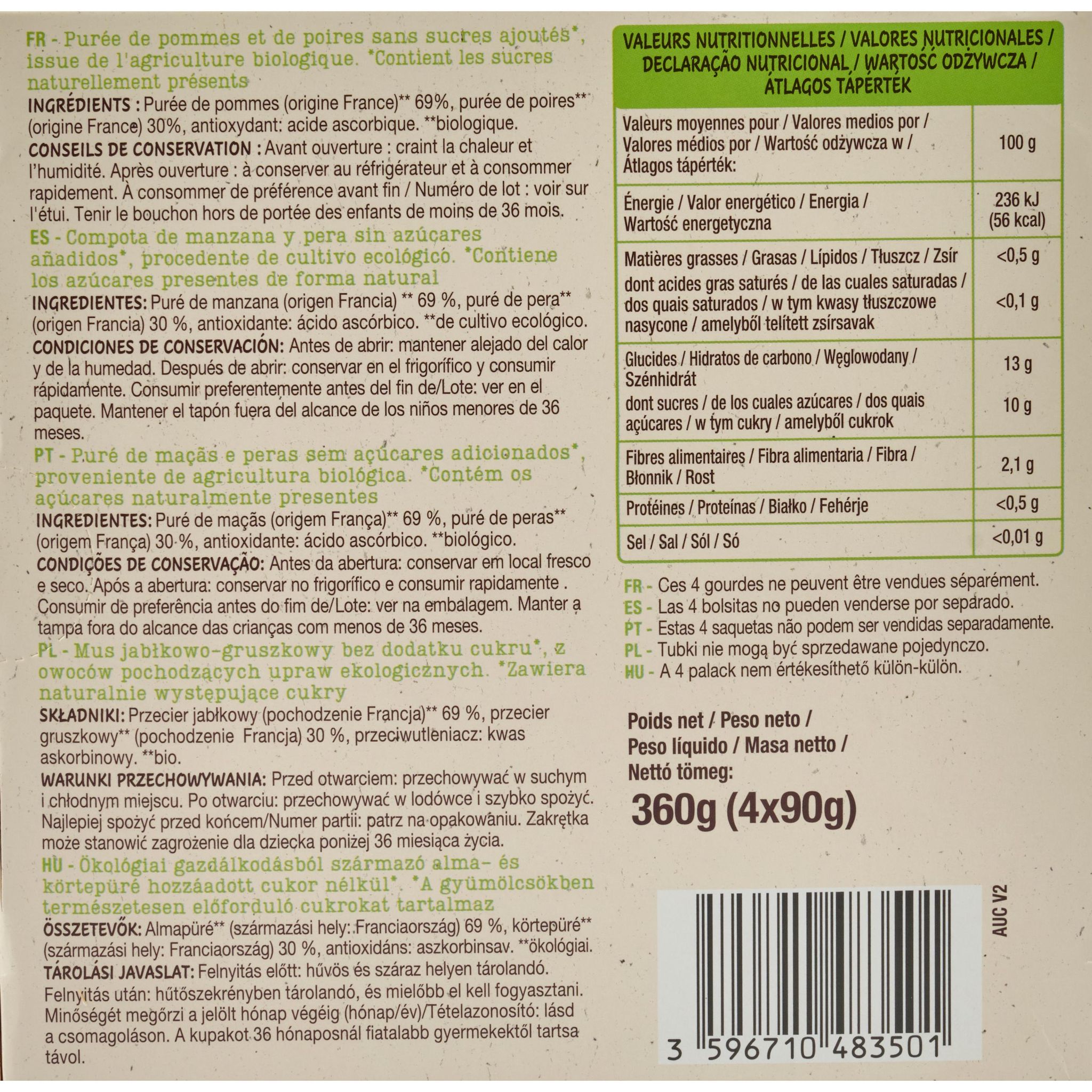 Voir la diapositive 4 : AUCHAN BIO Gourdes purée de pomme poire sans sucres ajoutés 4x90g