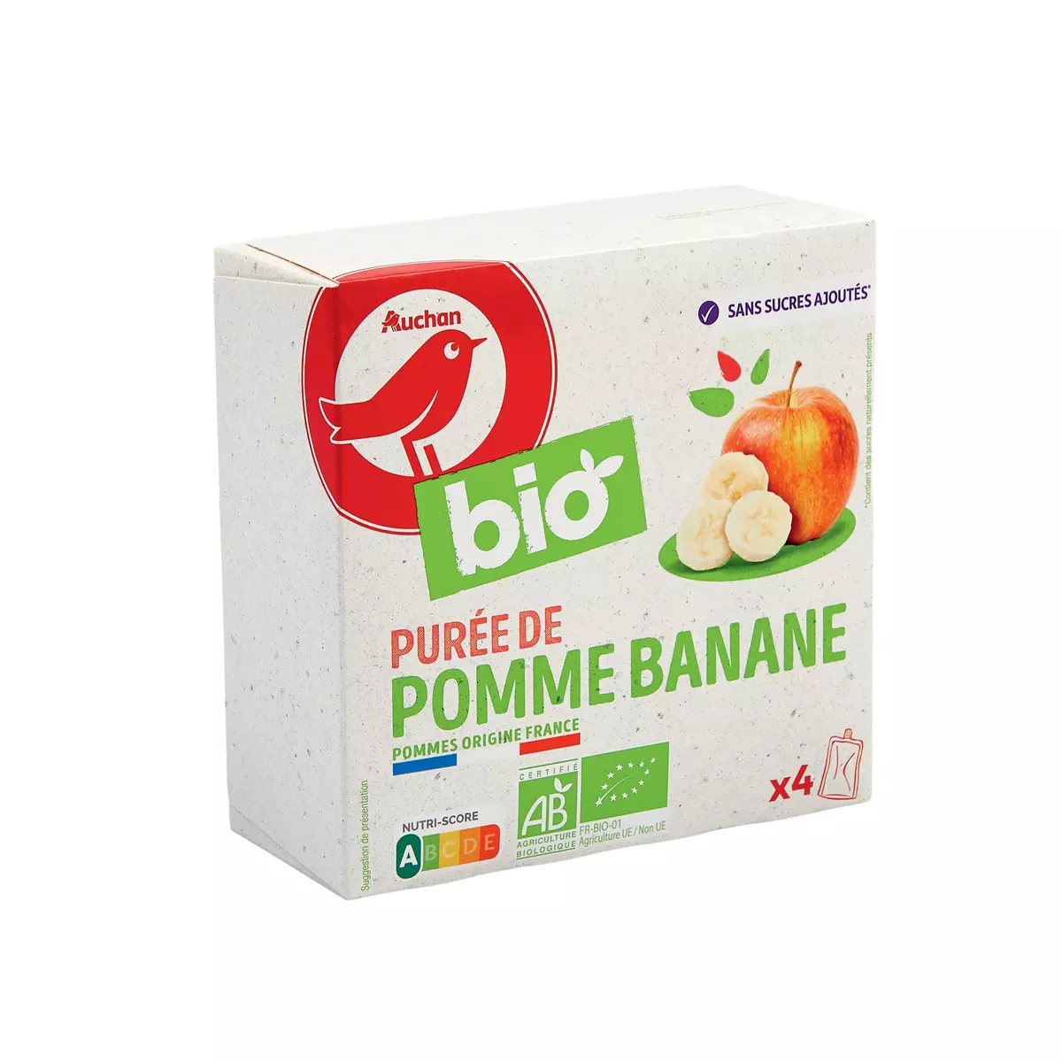 AUCHAN BIO Gourdes purée de pomme banane sans sucres ajoutés bio 4x90g