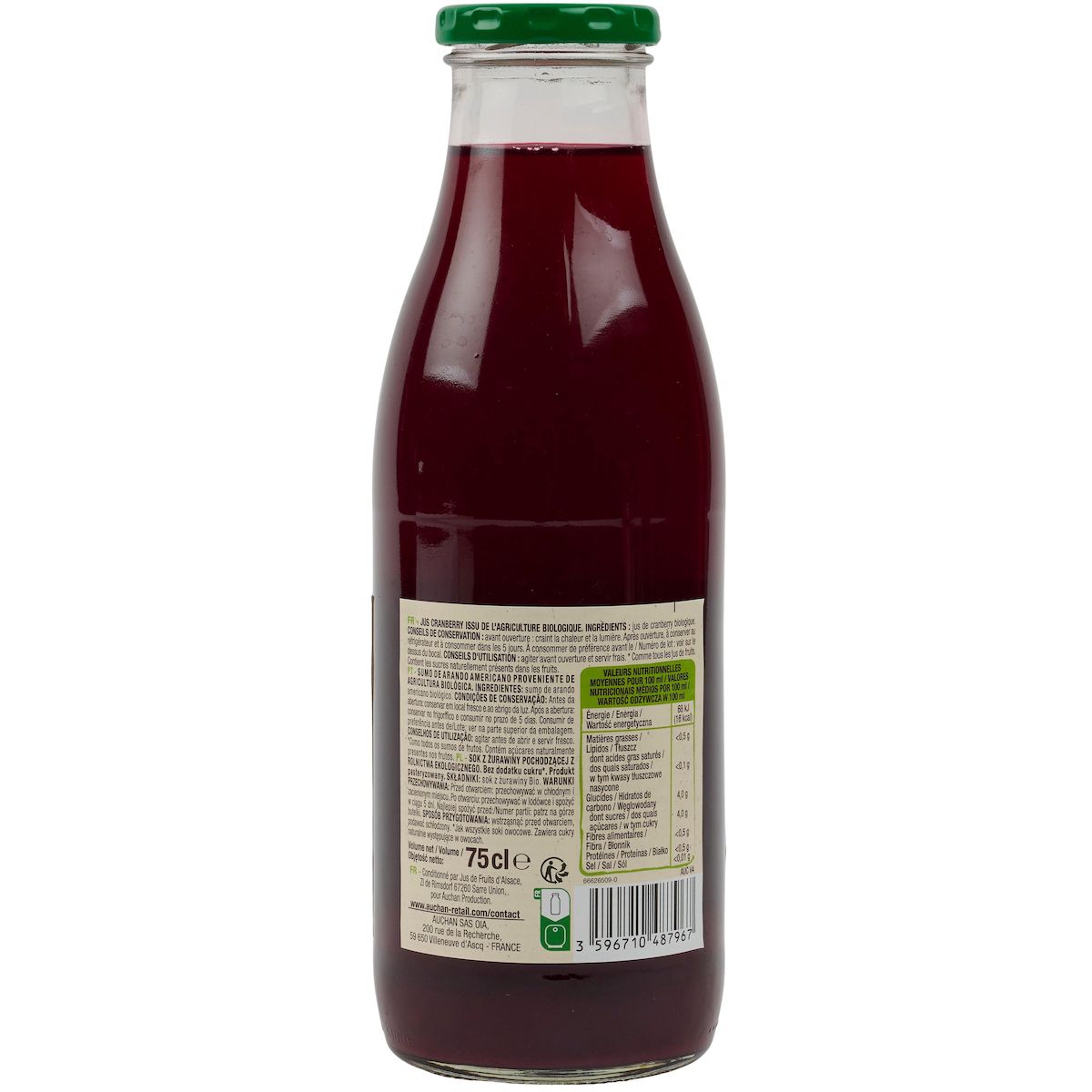 AUCHAN BIO Pur jus cranberry bio 75cl