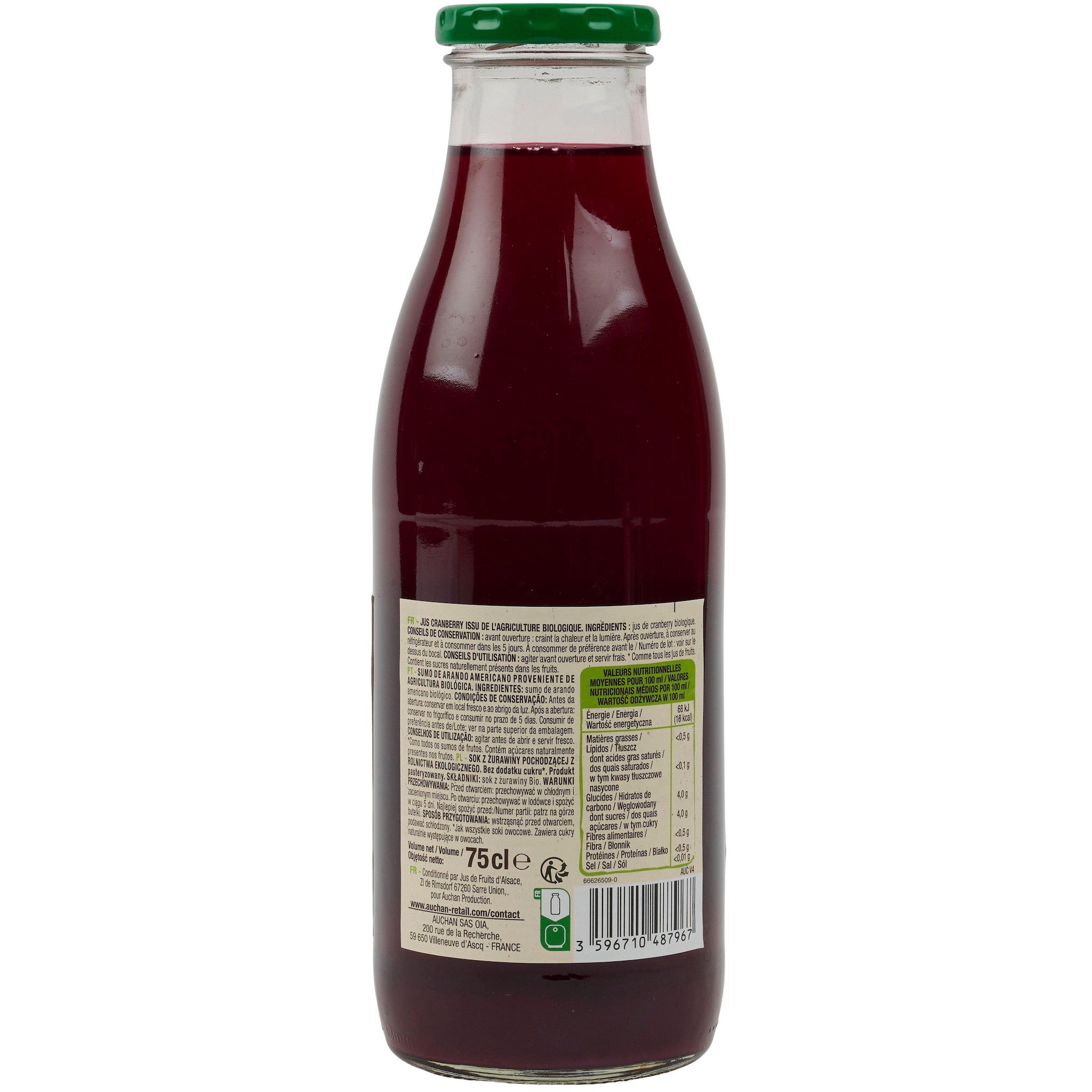 Voir la diapositive 2 : AUCHAN BIO Pur jus cranberry bio 75cl