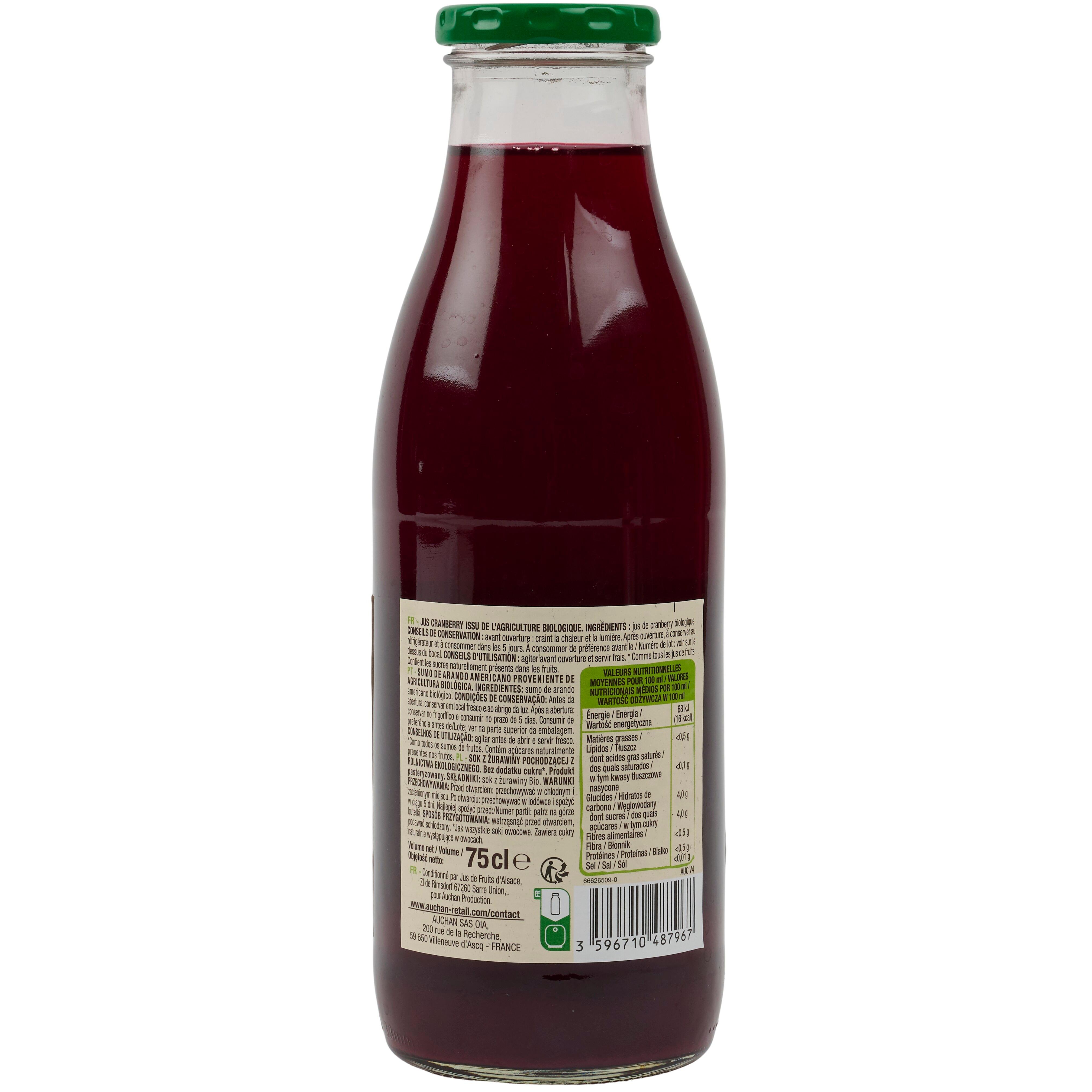 Voir la diapositive 3 : AUCHAN BIO Pur jus cranberry bio 75cl