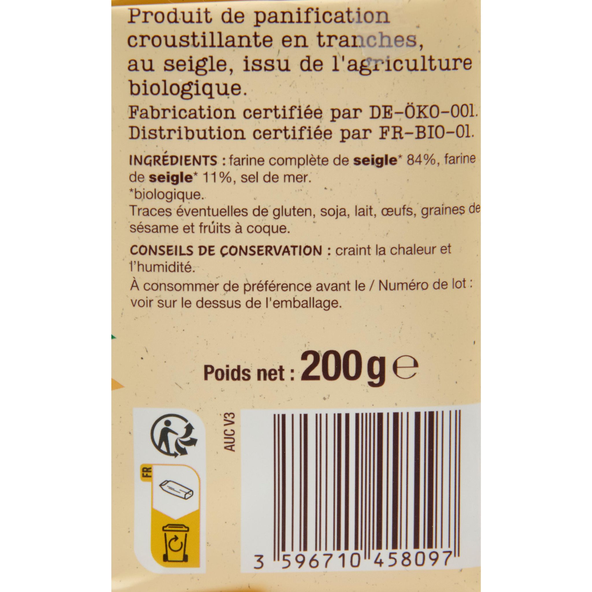 Voir la diapositive 3 : AUCHAN BIO Tartines croustillantes au seigle 200g