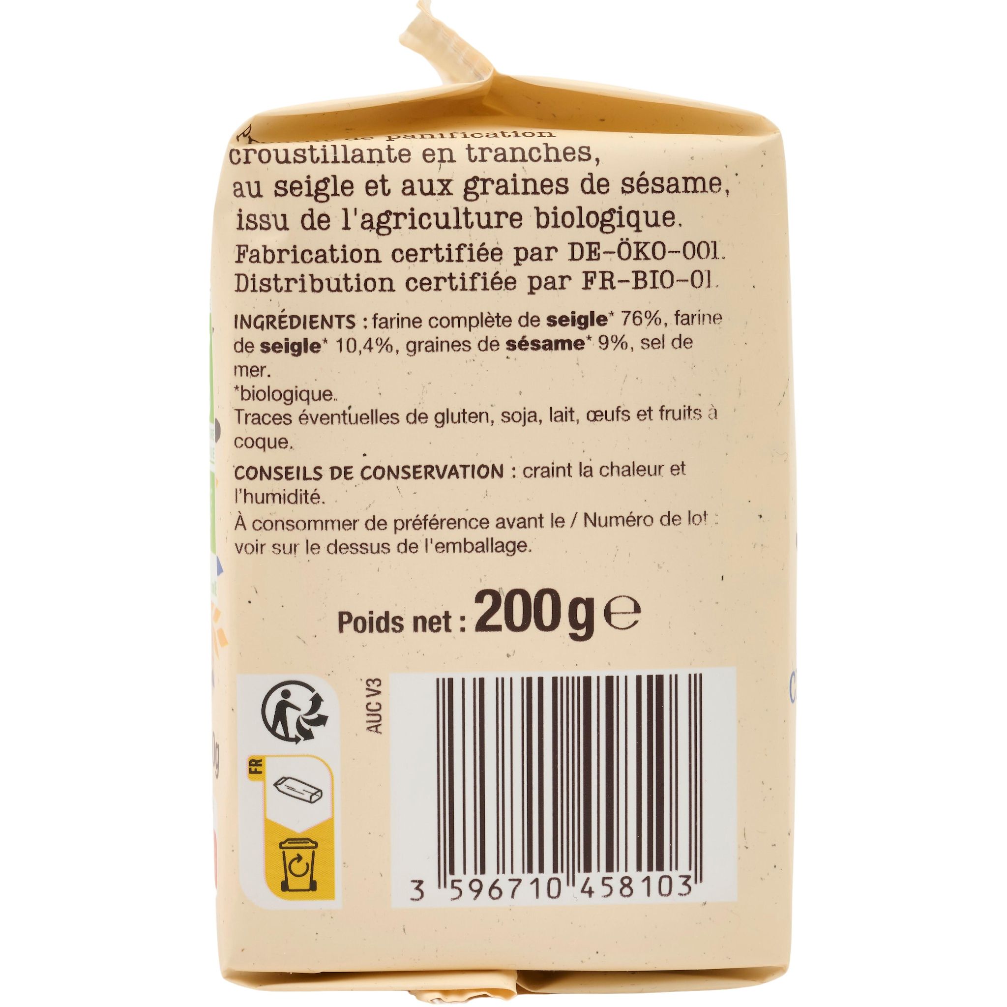 Voir la diapositive 2 : AUCHAN BIO Tartines croustillante au seigle et au sésame 200g