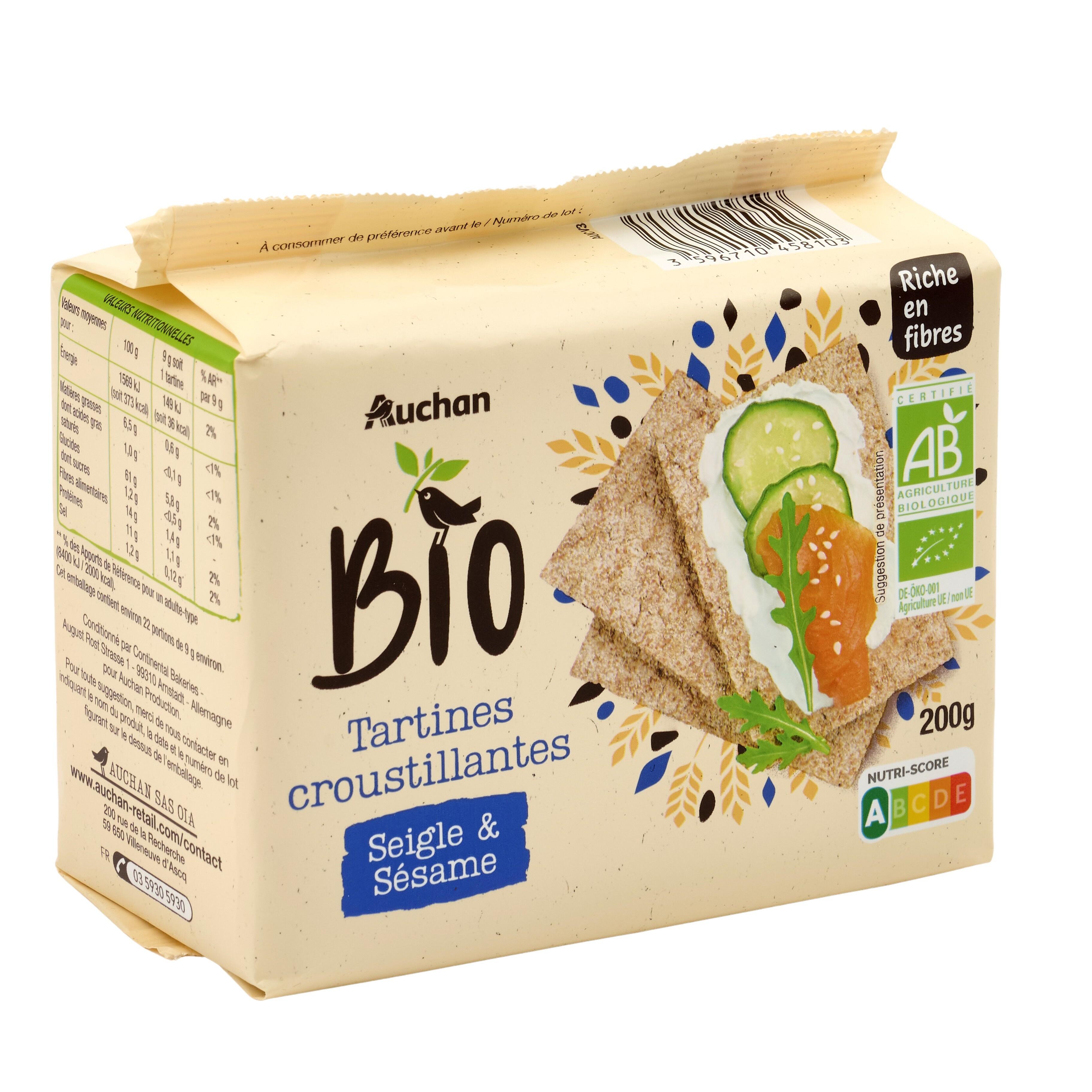 Voir la diapositive 3 : AUCHAN BIO Tartines croustillante au seigle et au sésame 200g