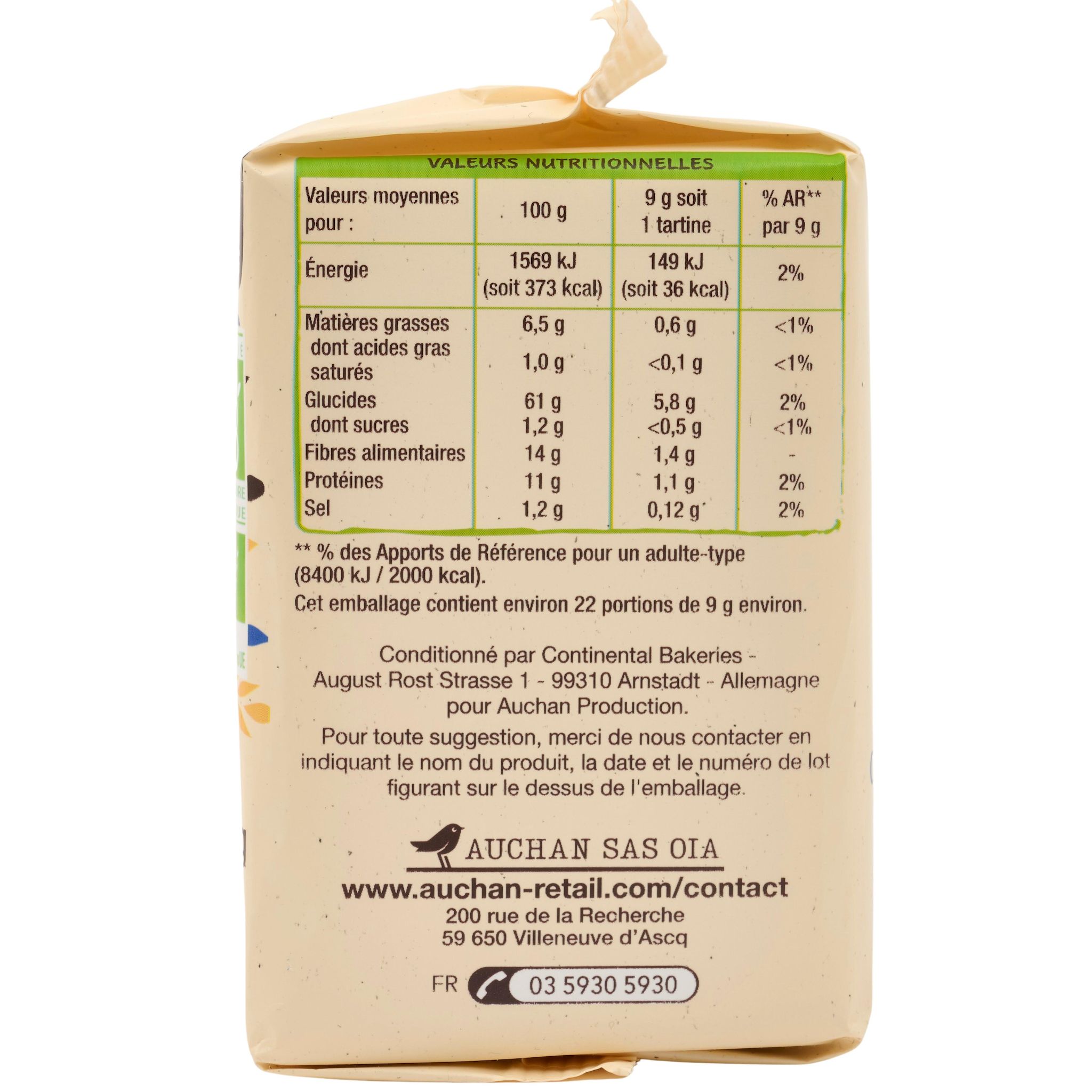 Voir la diapositive 4 : AUCHAN BIO Tartines croustillante au seigle et au sésame 200g