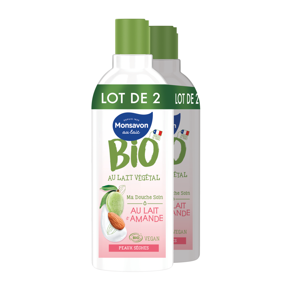 MONSAVON BIO Gel douche au lait végétal d'amande vegan peaux sèches 2x300ml