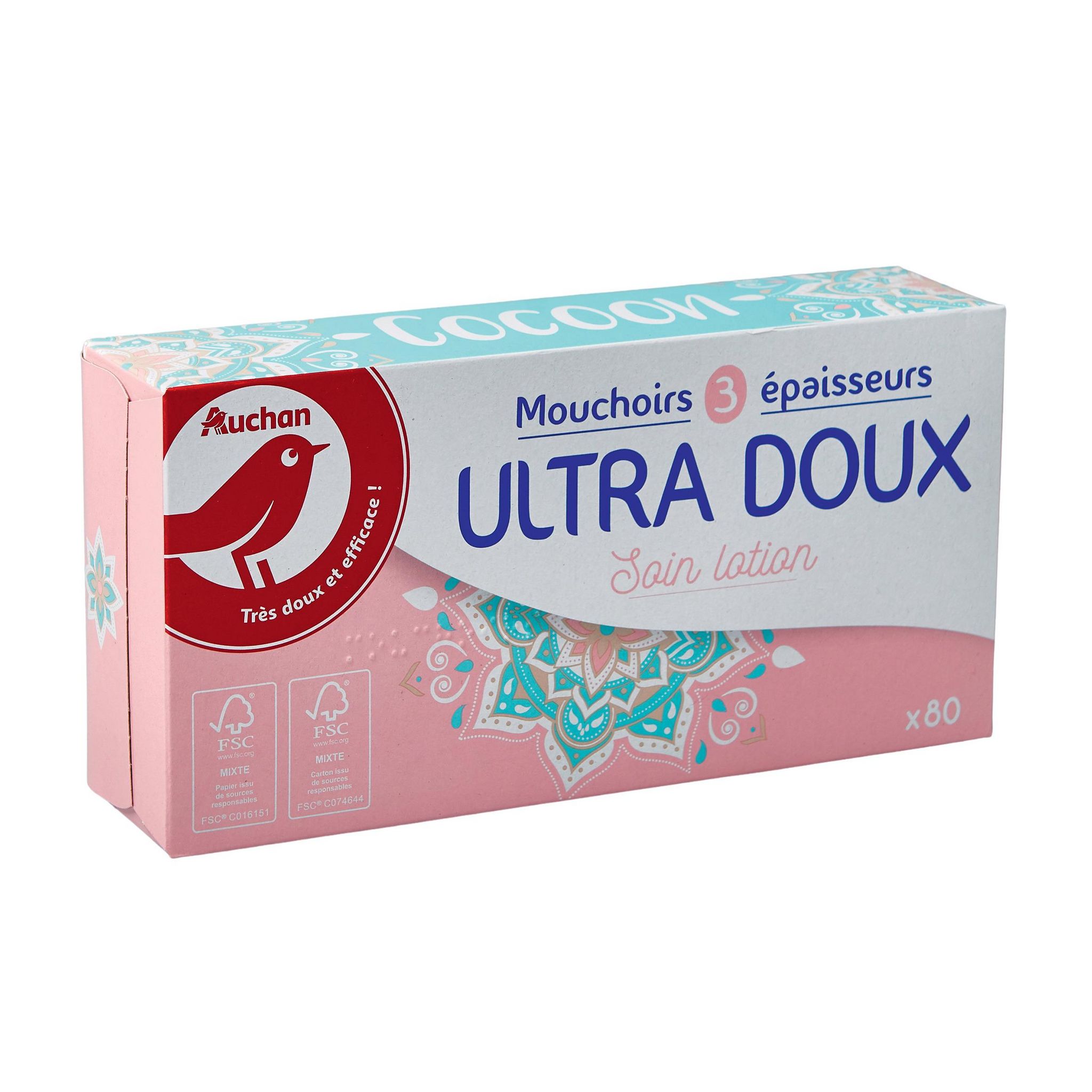 Voir la diapositive 2 : AUCHAN Boîte de mouchoirs ultra doux soin lotion 3 épaisseurs 80 mouchoirs