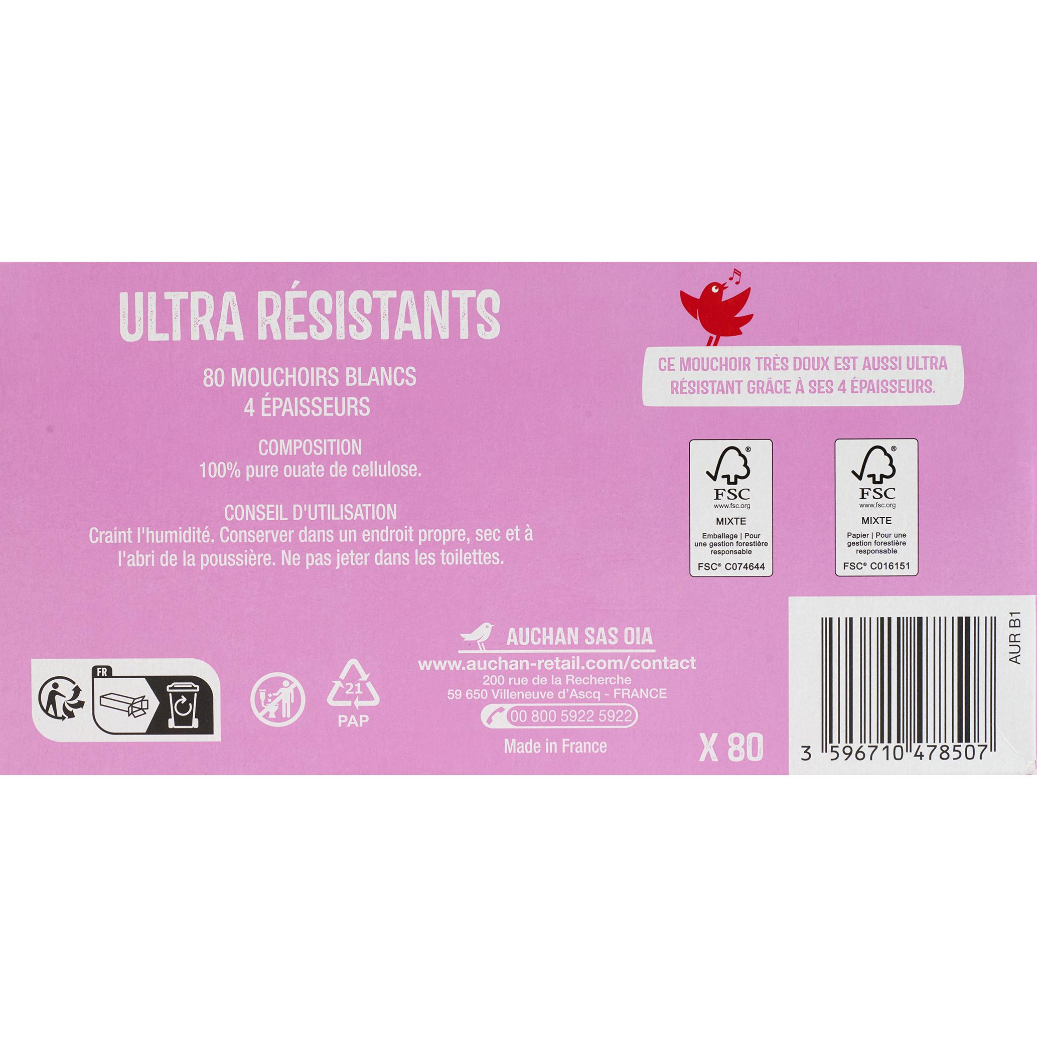 Voir la diapositive 2 : AUCHAN Boîte de mouchoirs ultra résistants 4 épaisseurs 80 mouchoirs