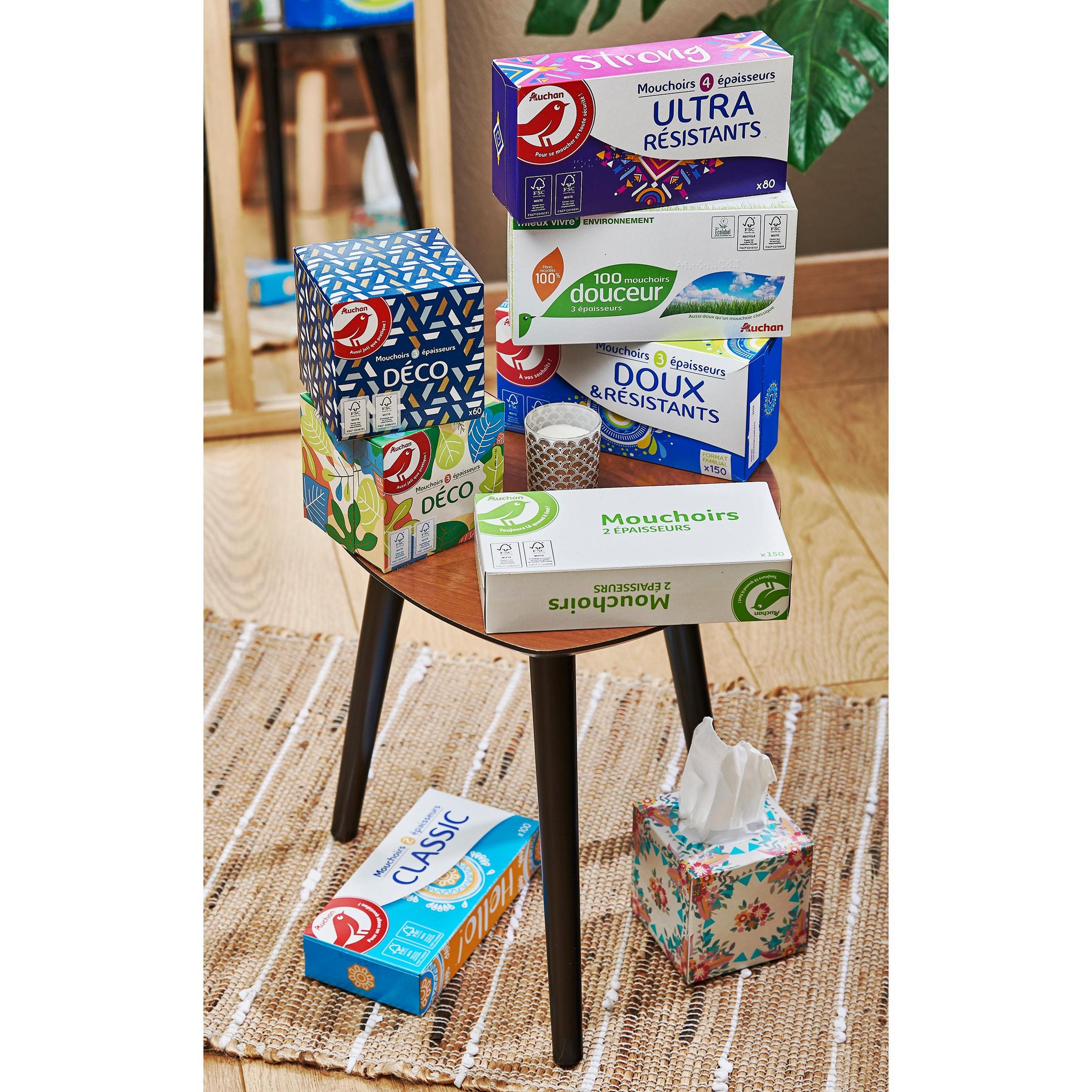 Voir la diapositive 3 : AUCHAN Boîte de mouchoirs ultra résistants 4 épaisseurs 80 mouchoirs