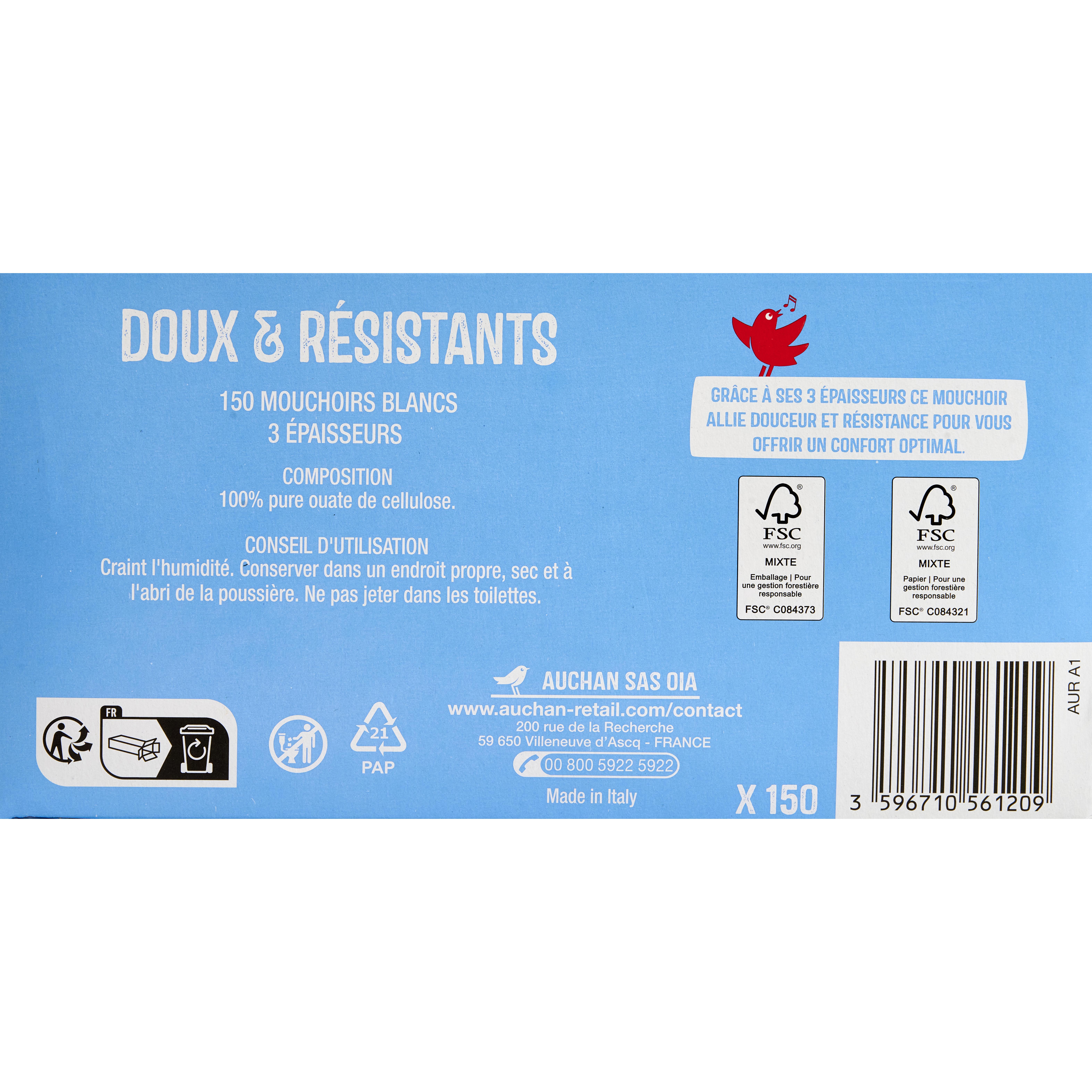 Voir la diapositive 2 : AUCHAN Boîte de mouchoirs doux et résistants 3 épaisseurs 150 mouchoirs