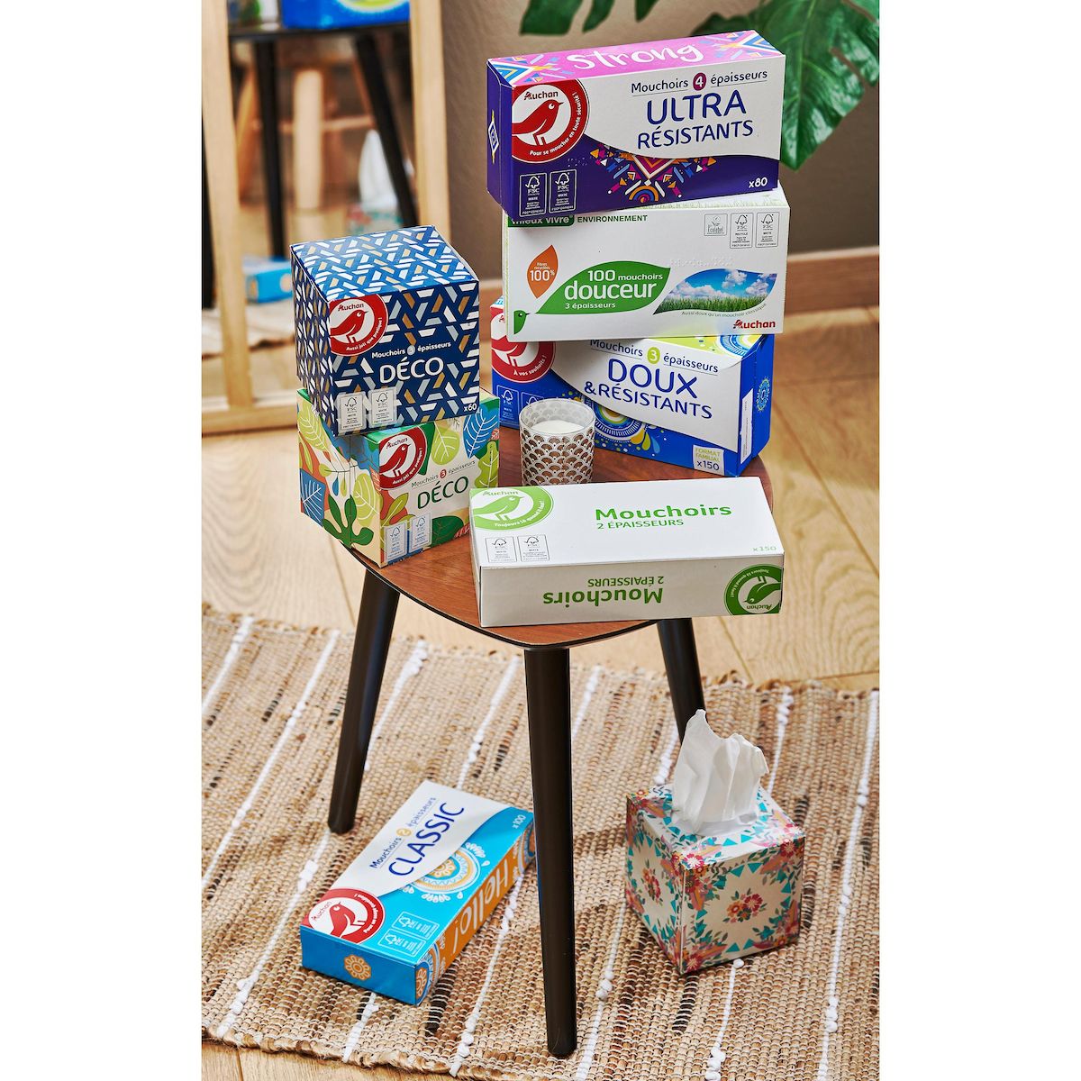 AUCHAN Boîte de mouchoirs doux et résistants 3 épaisseurs 150 mouchoirs