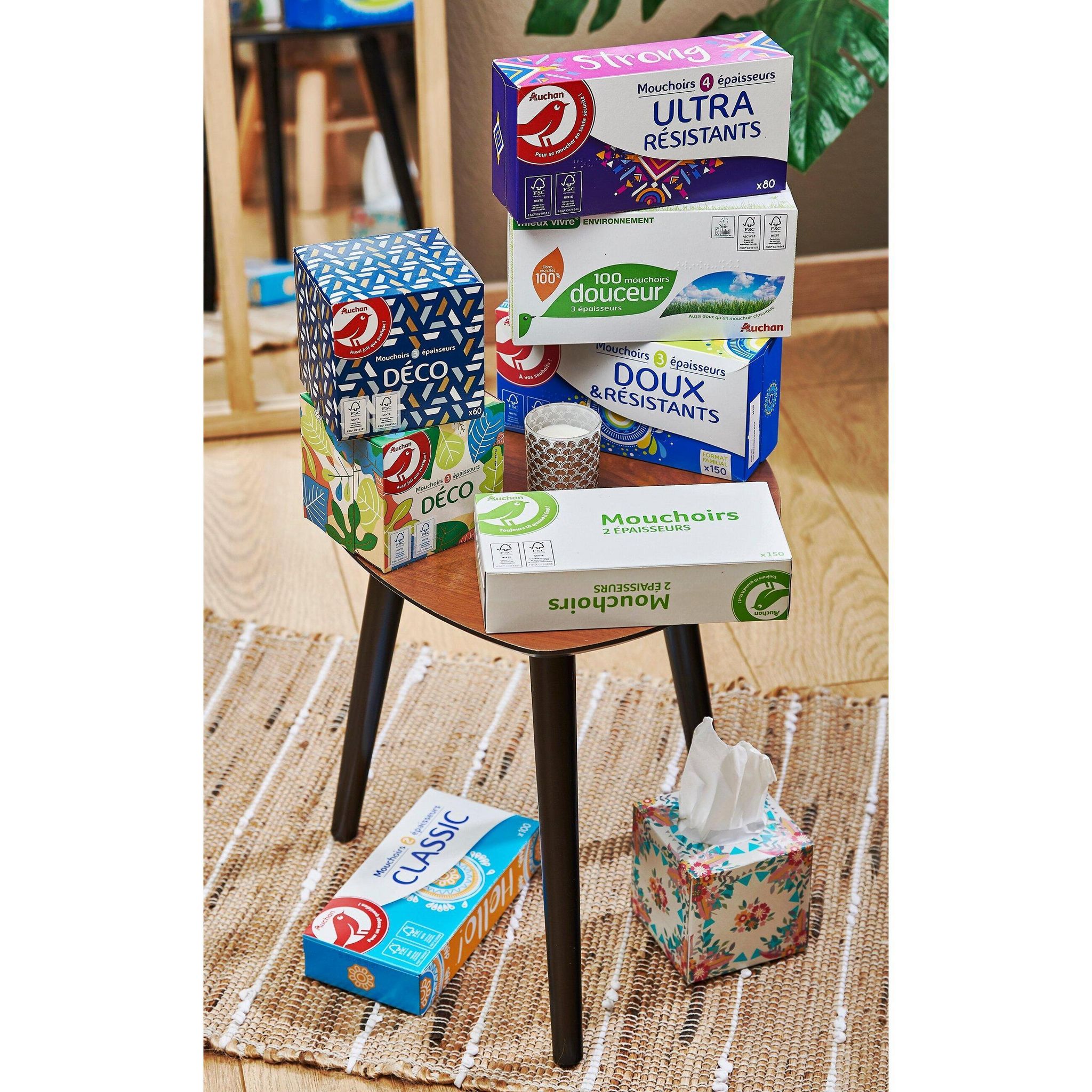 Voir la diapositive 3 : AUCHAN Boîte de mouchoirs doux et résistants 3 épaisseurs 150 mouchoirs