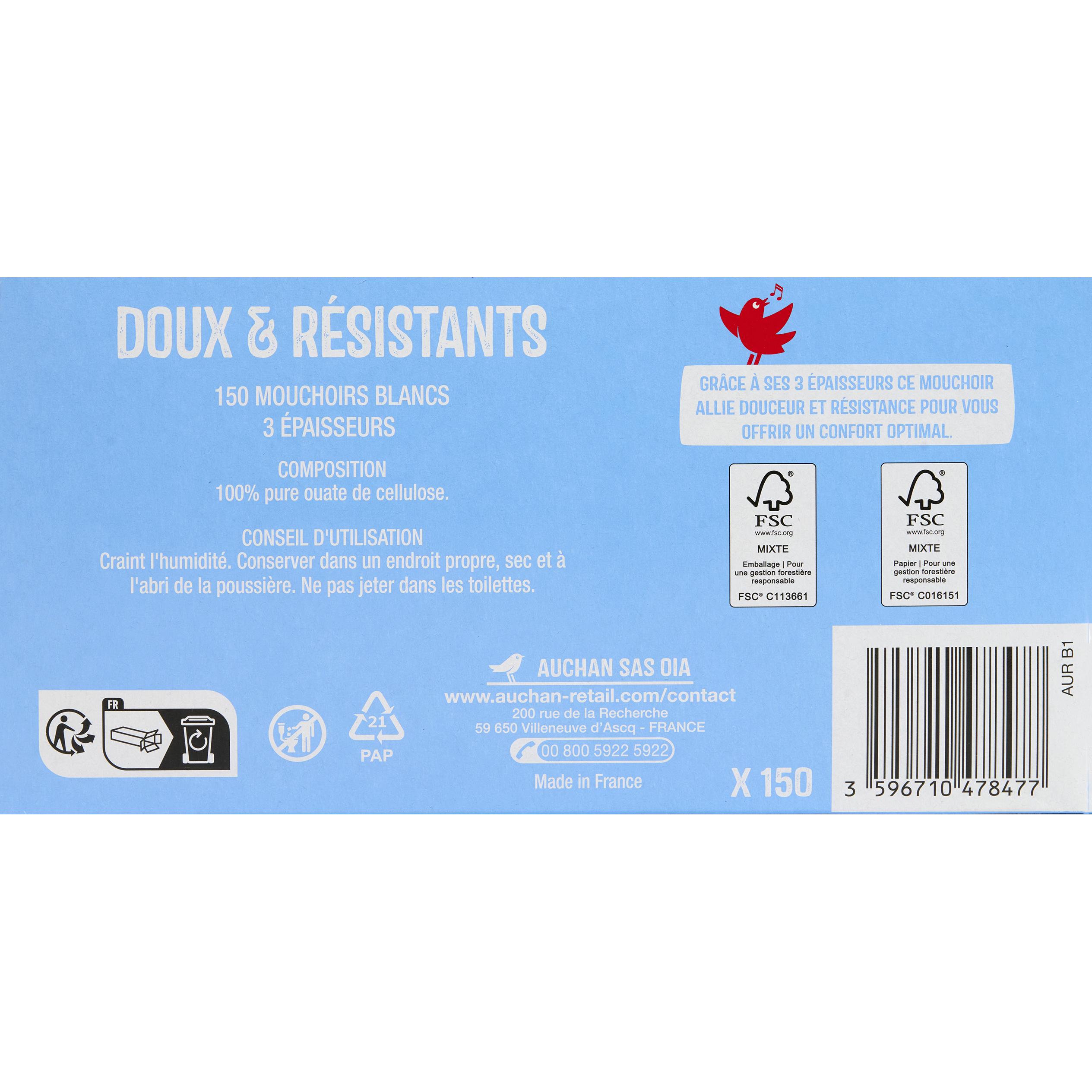 Voir la diapositive 4 : AUCHAN Boîte de mouchoirs doux et résistants 3 épaisseurs 150 mouchoirs