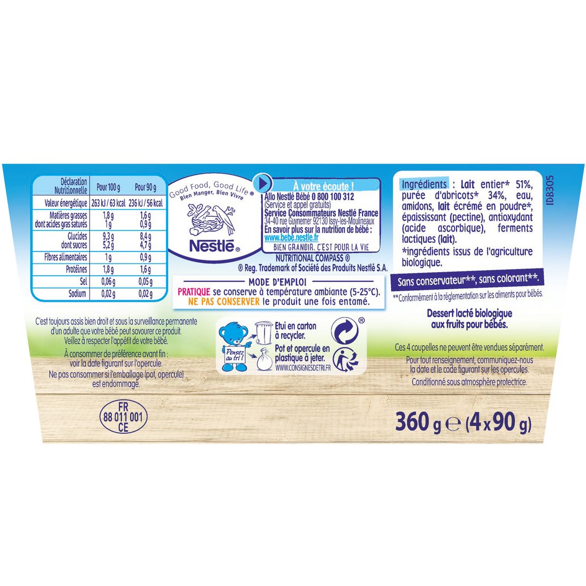 NESTLE P'tit brassé Dessert lacté à l'abricot bio dès 6 mois 4x90g