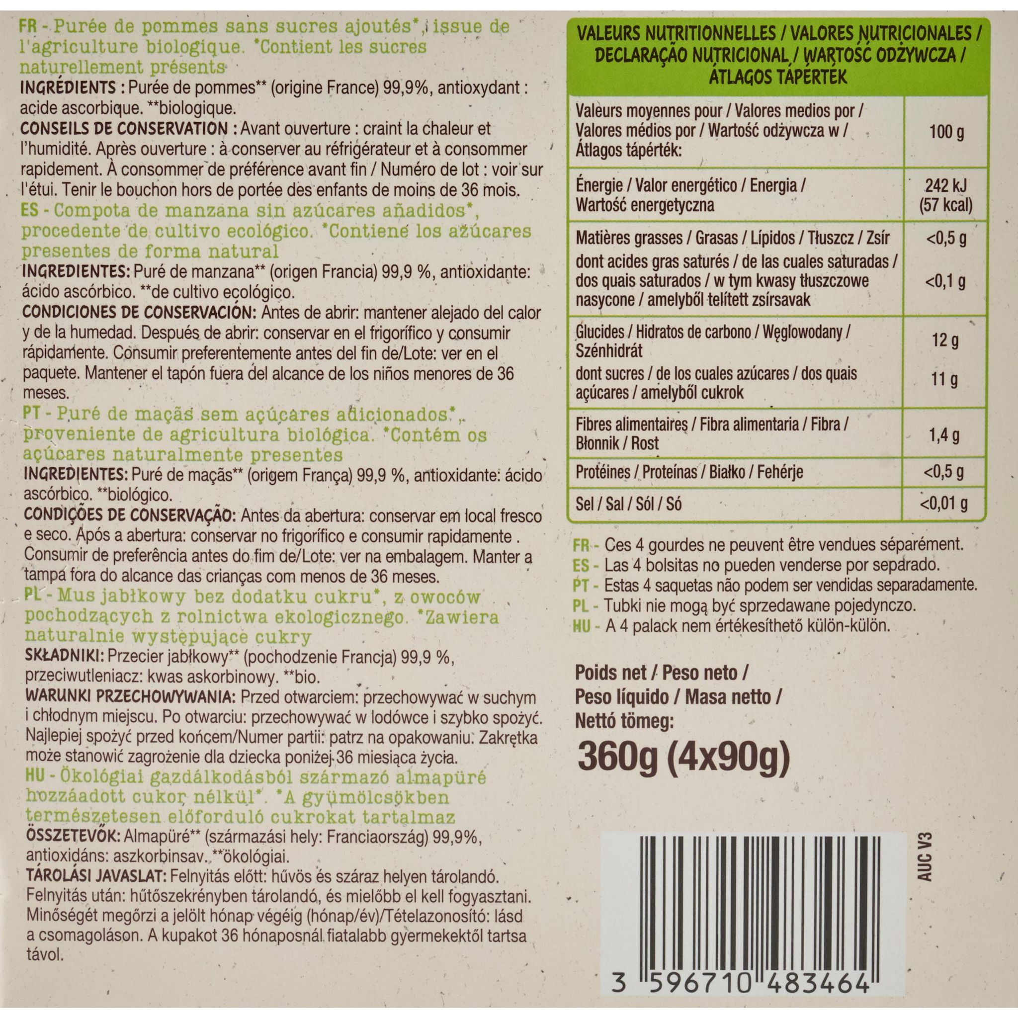 Voir la diapositive 4 : AUCHAN BIO Gourdes purée de pomme sans sucres ajoutés 4x90g
