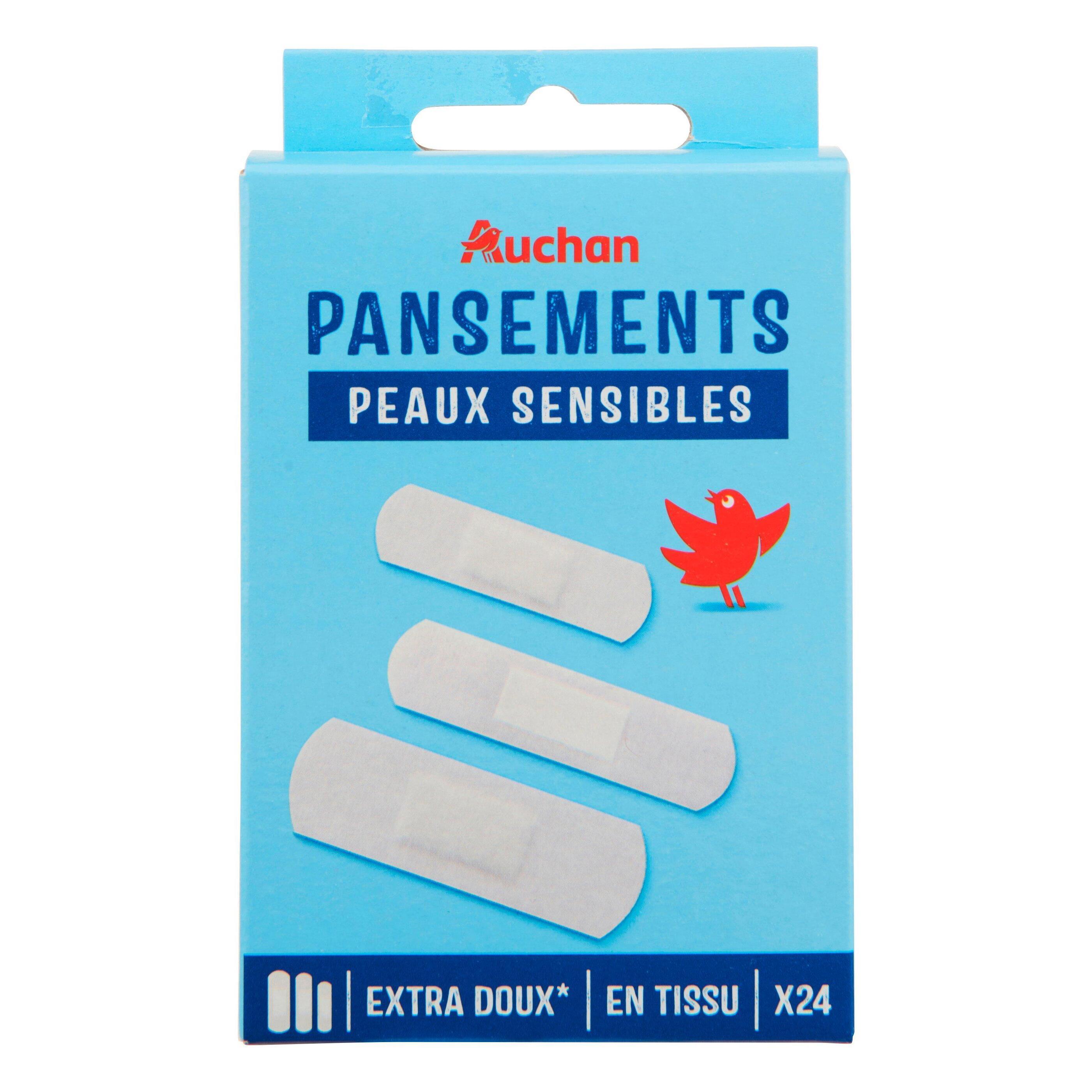 Voir la diapositive 2 : AUCHAN Pansements microporeux peaux sensibles 3 tailles 24 pièces