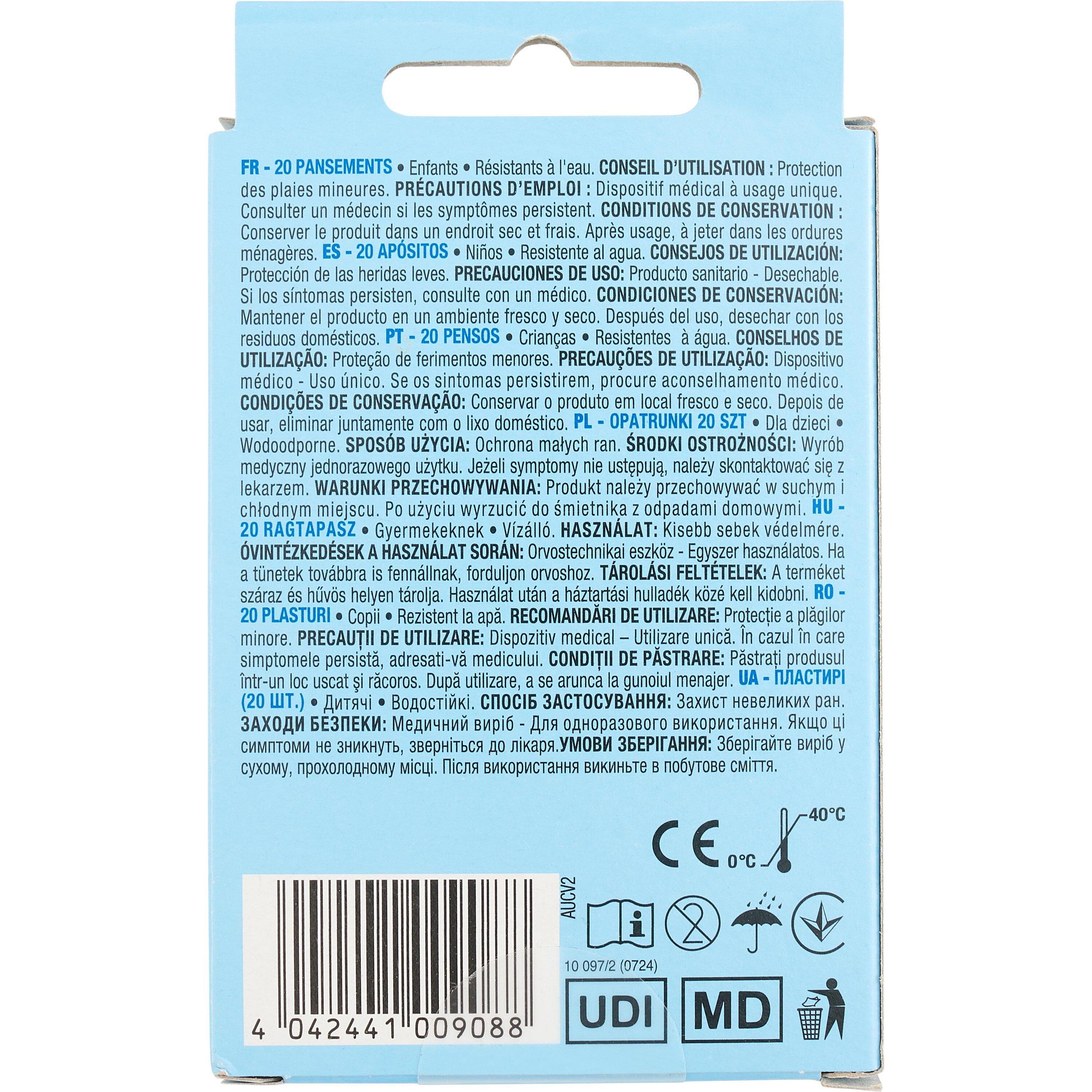 Voir la diapositive 2 : AUCHAN Pansement enfant résistant à l'eau 2 tailles 20 pièces 
