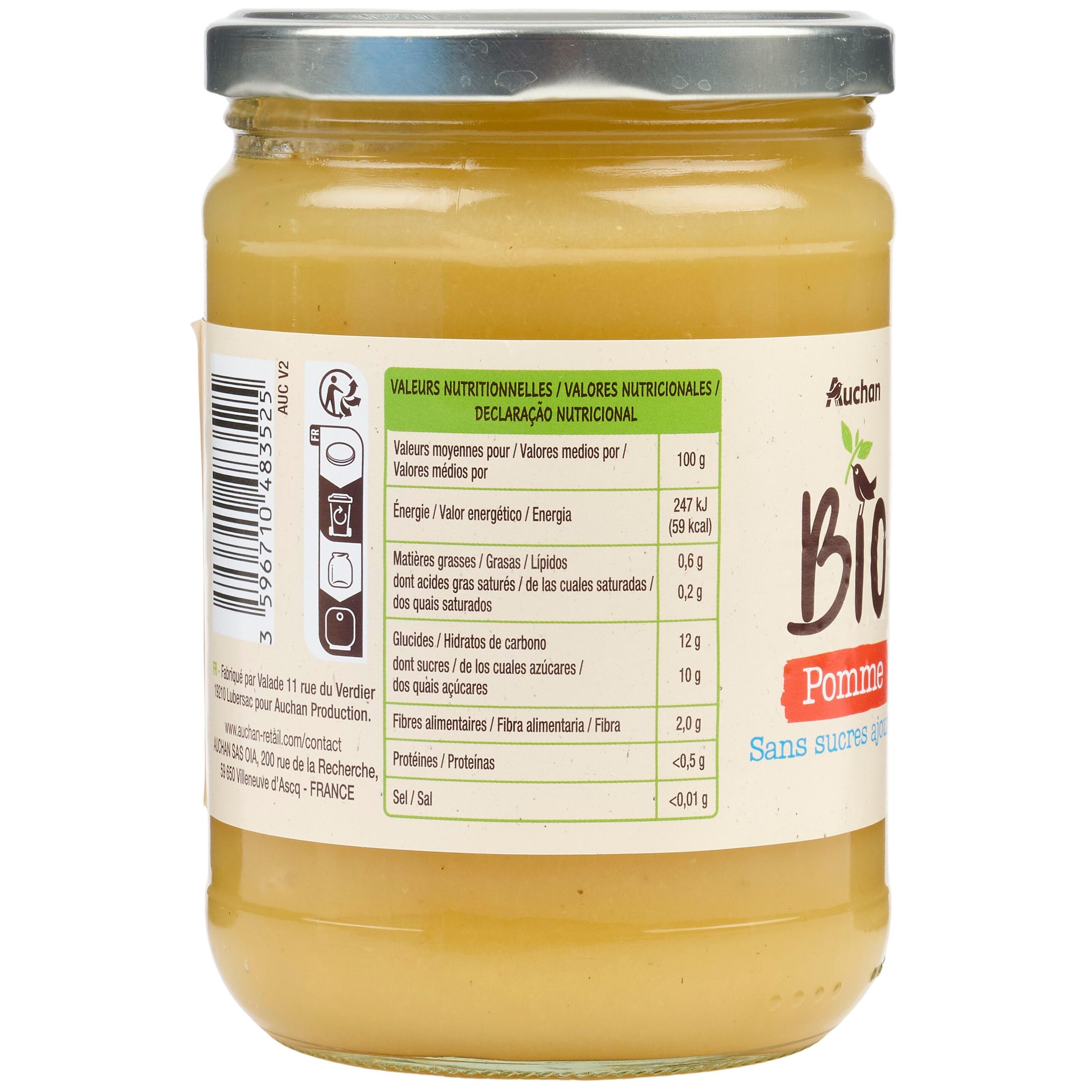 Voir la diapositive 4 : AUCHAN BIO CULTIVONS LE BON Purée de pomme sans sucres ajoutés en bocal 500g