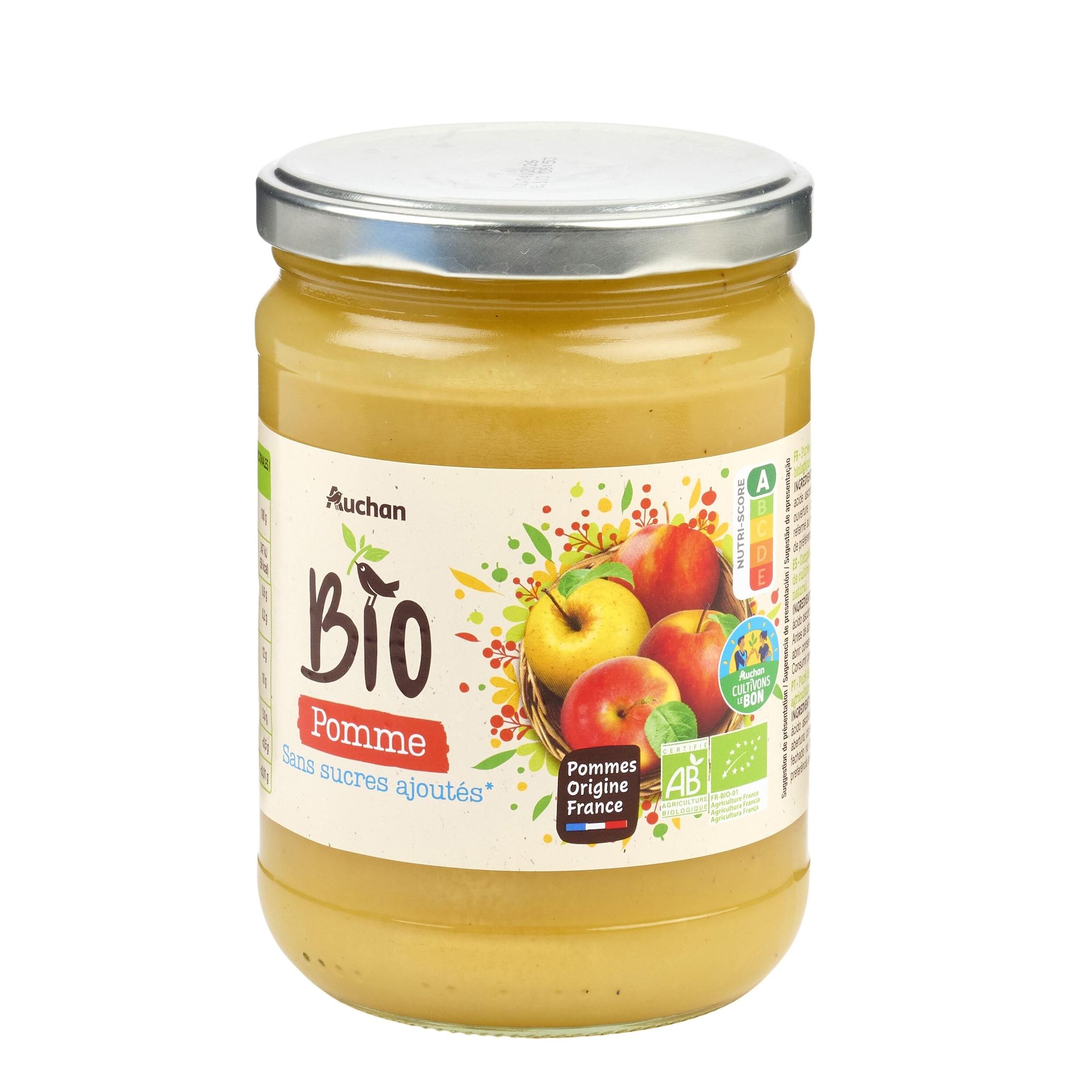 Voir la diapositive 4 : AUCHAN BIO CULTIVONS LE BON Purée de pomme sans sucres ajoutés en bocal 500g
