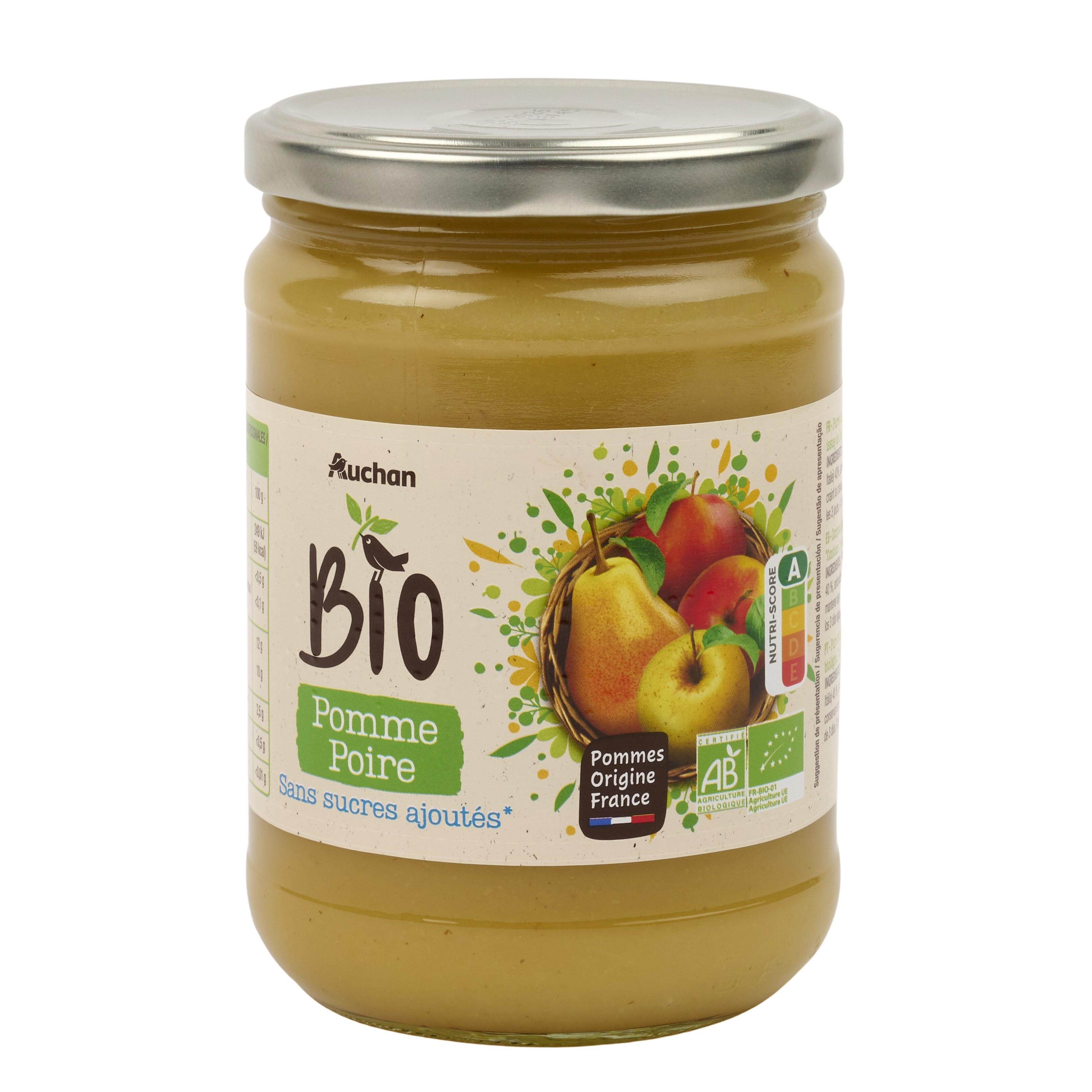 Voir la diapositive 3 : AUCHAN BIO Purée de pomme poire sans sucres ajoutés en bocal 580g