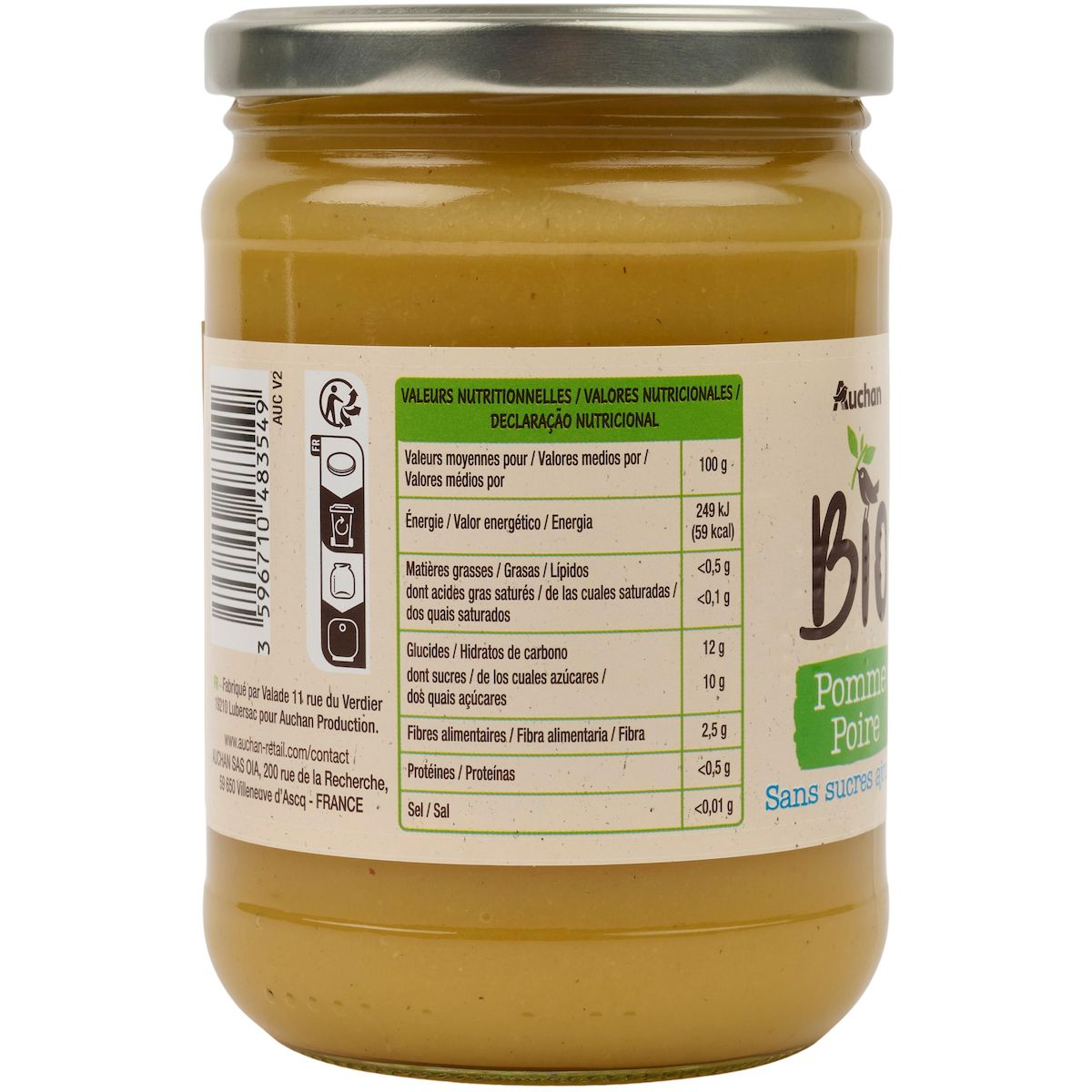 AUCHAN BIO Purée de pomme poire sans sucres ajoutés en bocal 580g