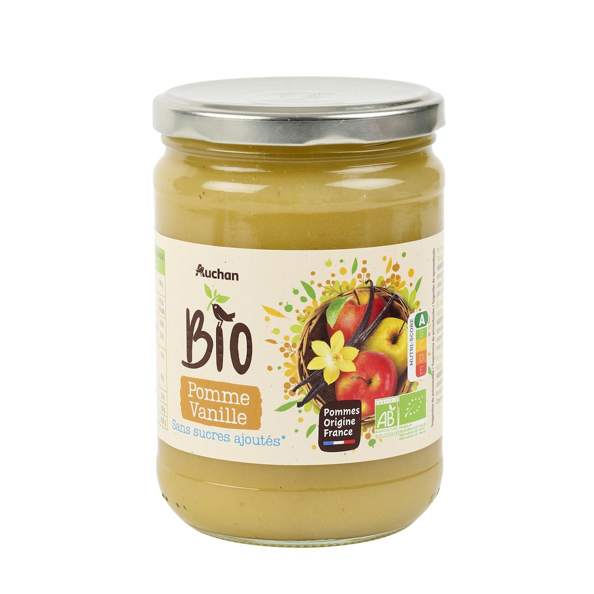 AUCHAN BIO Purée de pomme vanille sans sucres ajoutés en bocal 580g