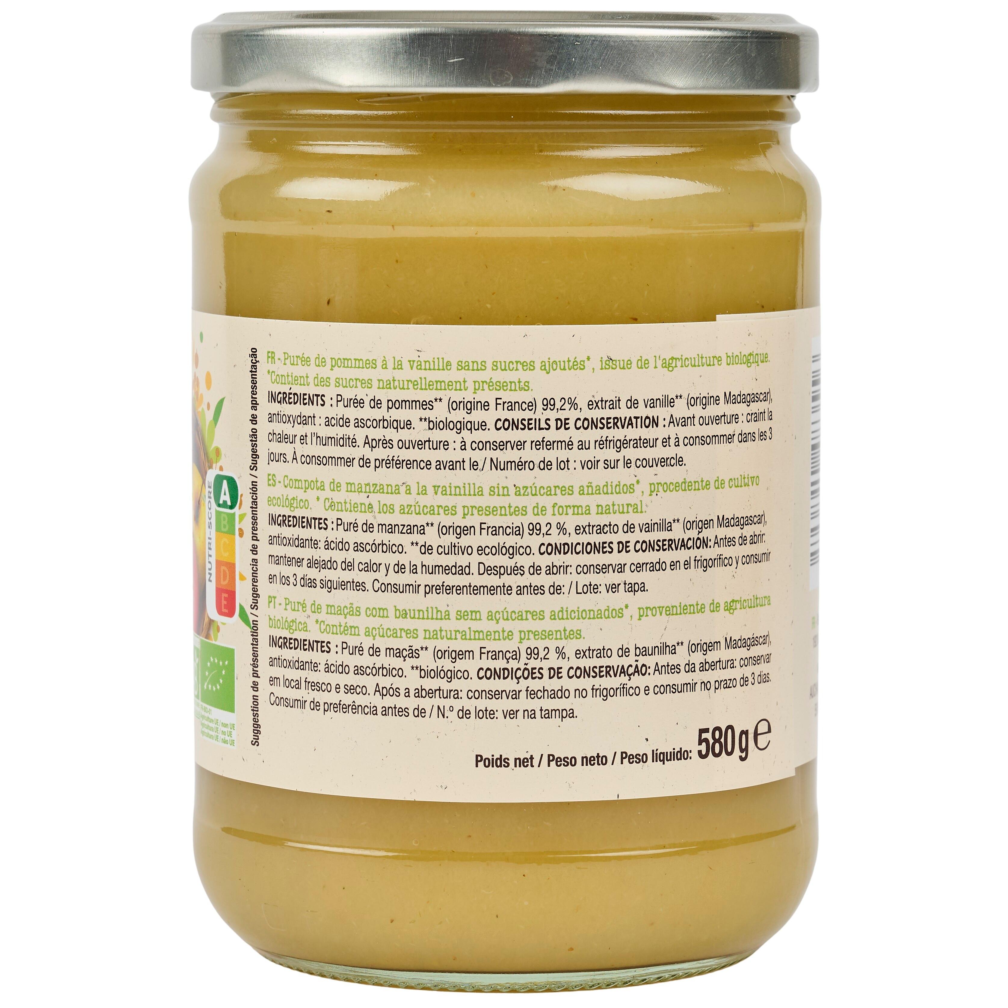 Voir la diapositive 4 : AUCHAN BIO Purée de pomme vanille sans sucres ajoutés en bocal 580g