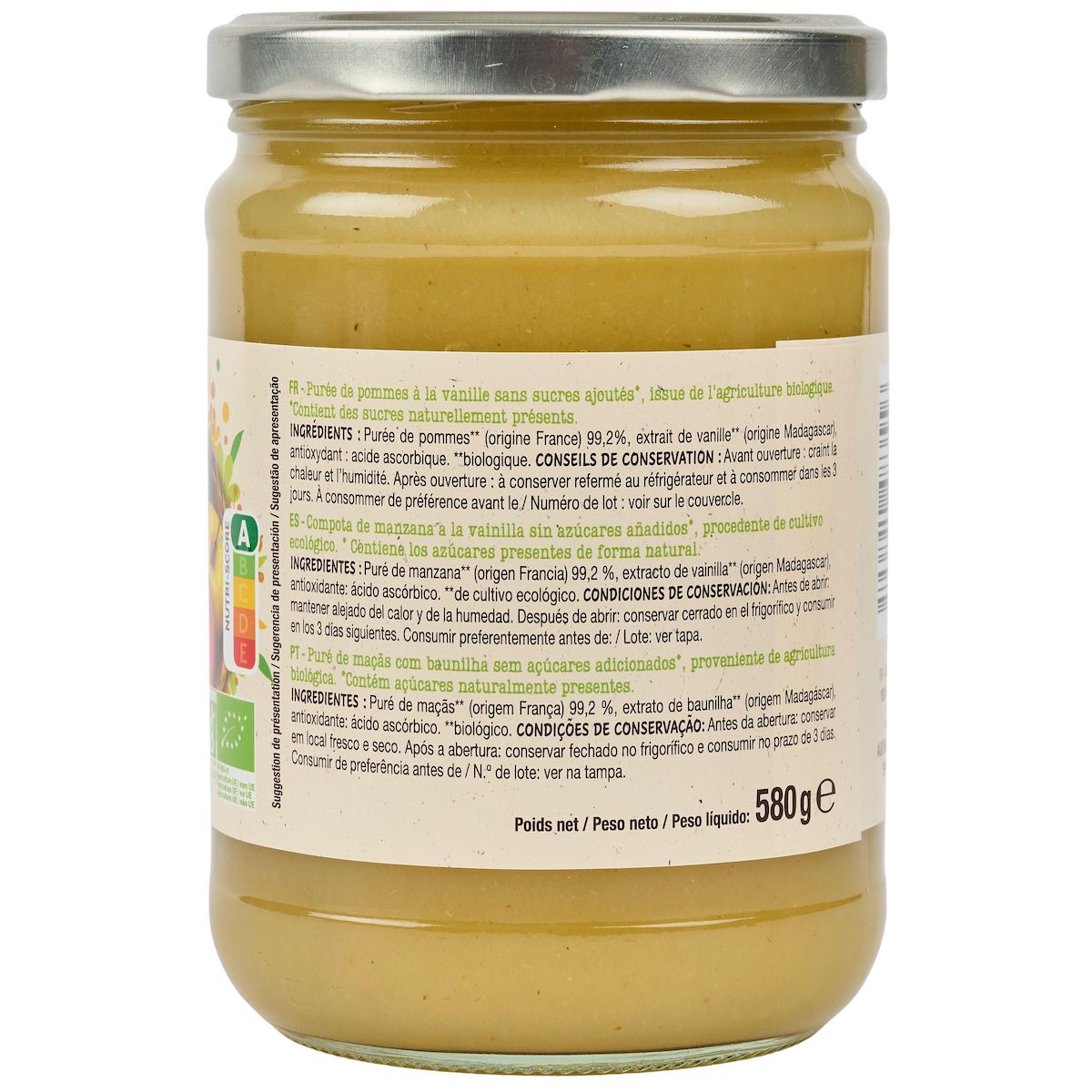 AUCHAN BIO Purée de pomme vanille sans sucres ajoutés en bocal 580g