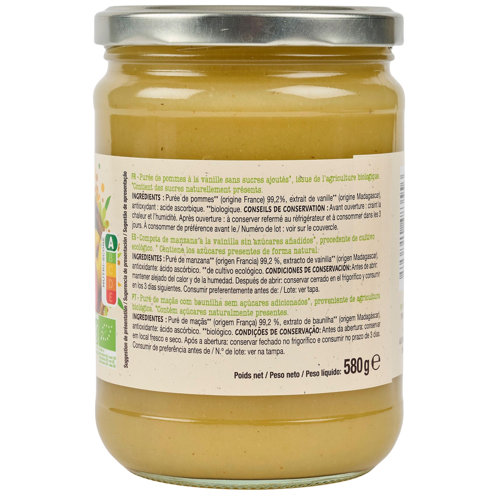 Voir la diapositive 4 : AUCHAN BIO Purée de pomme vanille sans sucres ajoutés en bocal 580g