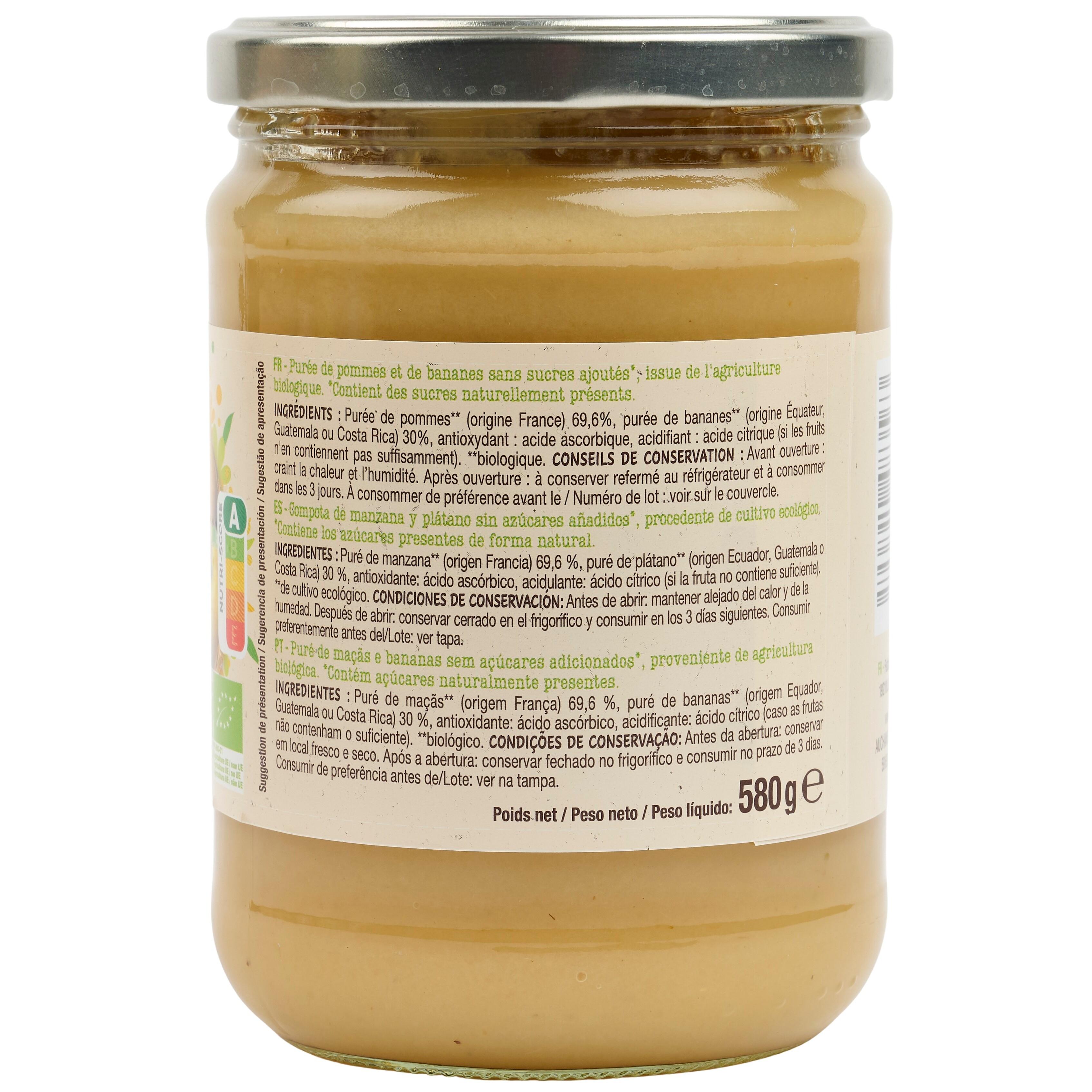 Voir la diapositive 3 : AUCHAN BIO Purée de pomme banane sans sucres ajoutés en bocal 580g