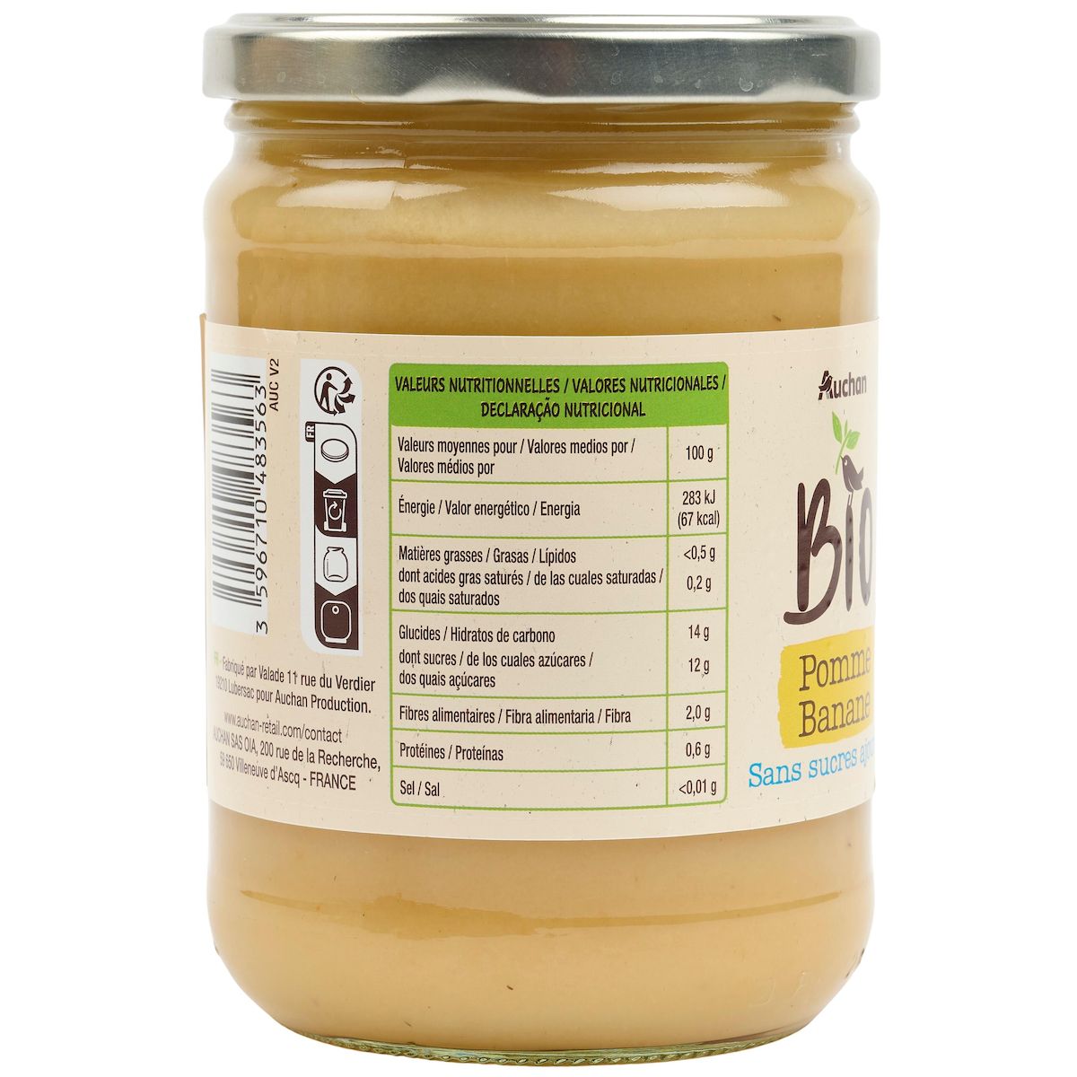 AUCHAN BIO Purée de pomme banane sans sucres ajoutés en bocal 580g