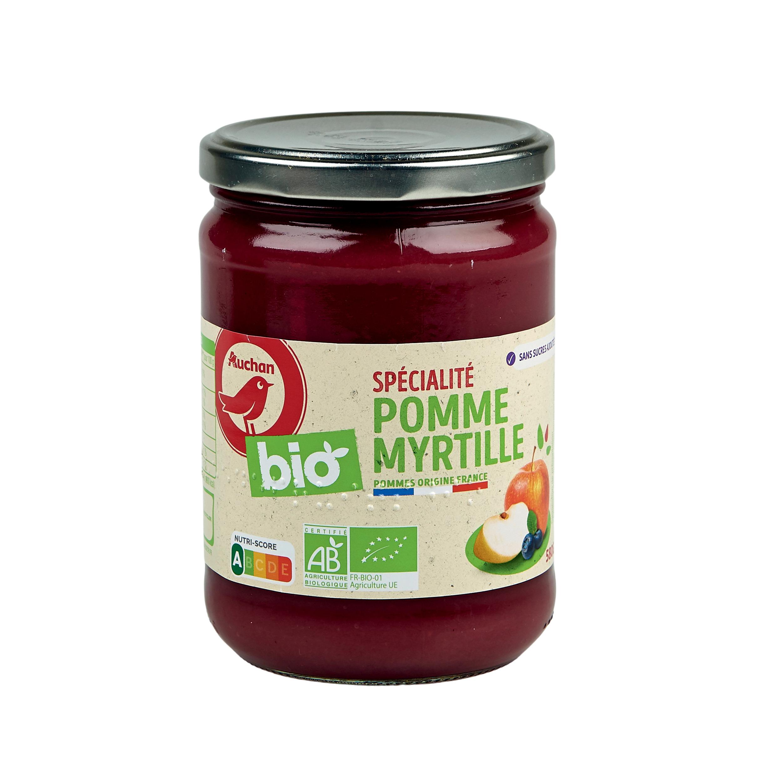 Voir la diapositive 3 : AUCHAN BIO Spécialité pomme myrtille sans sucres ajoutés bio 580g