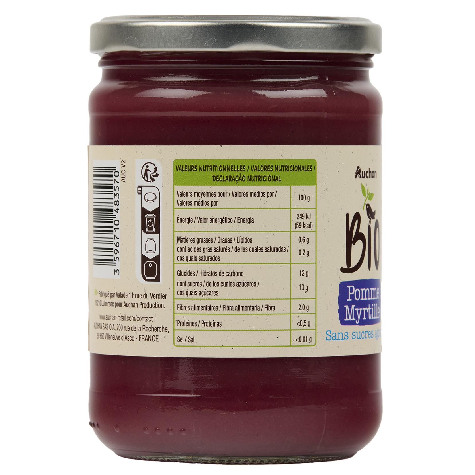 Voir la diapositive 4 : AUCHAN BIO Spécialité pomme myrtille sans sucres ajoutés bio 580g