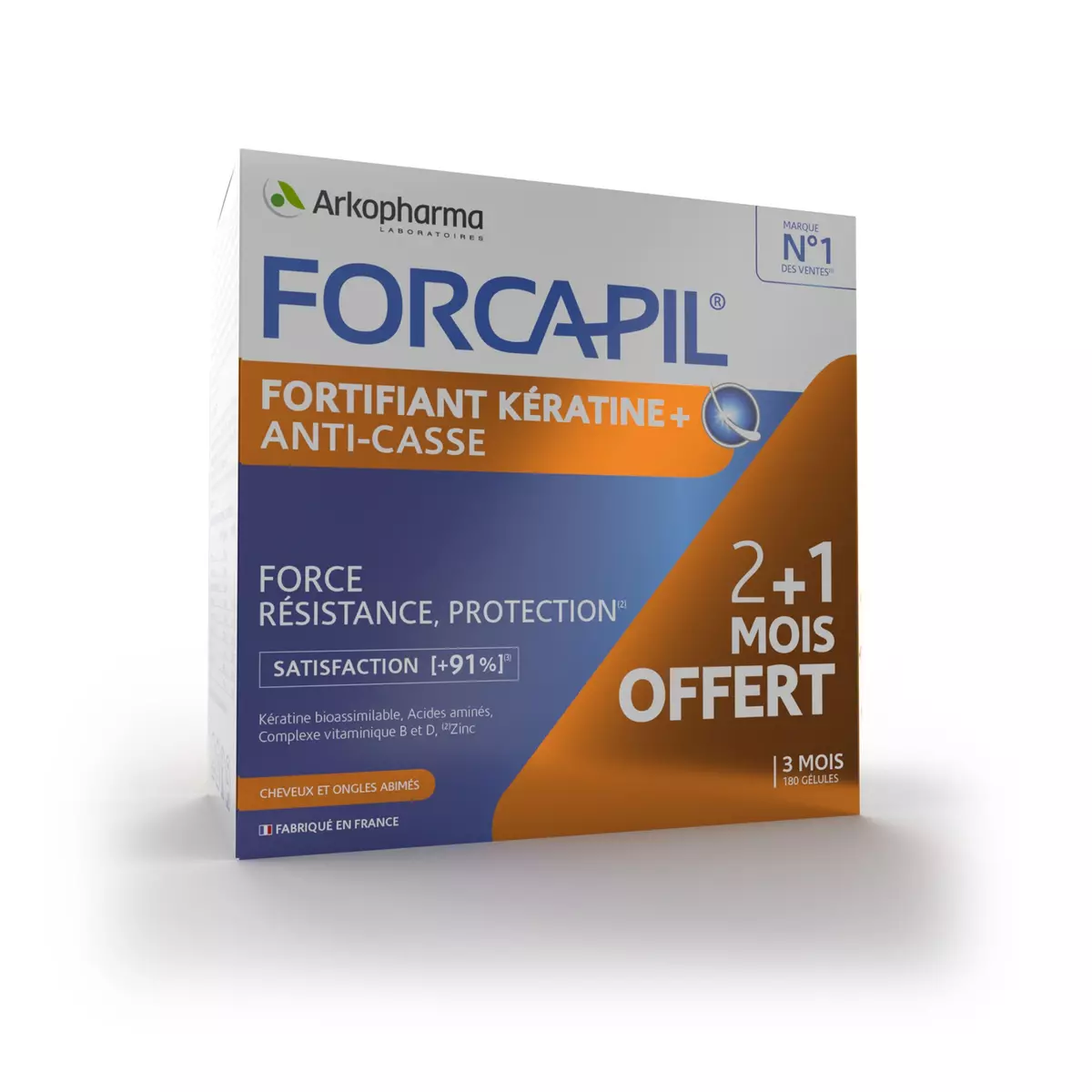 ARKOPHARMA Forcapil fortifiant kératine + anti casse Traitement de 3 mois 180 gélules