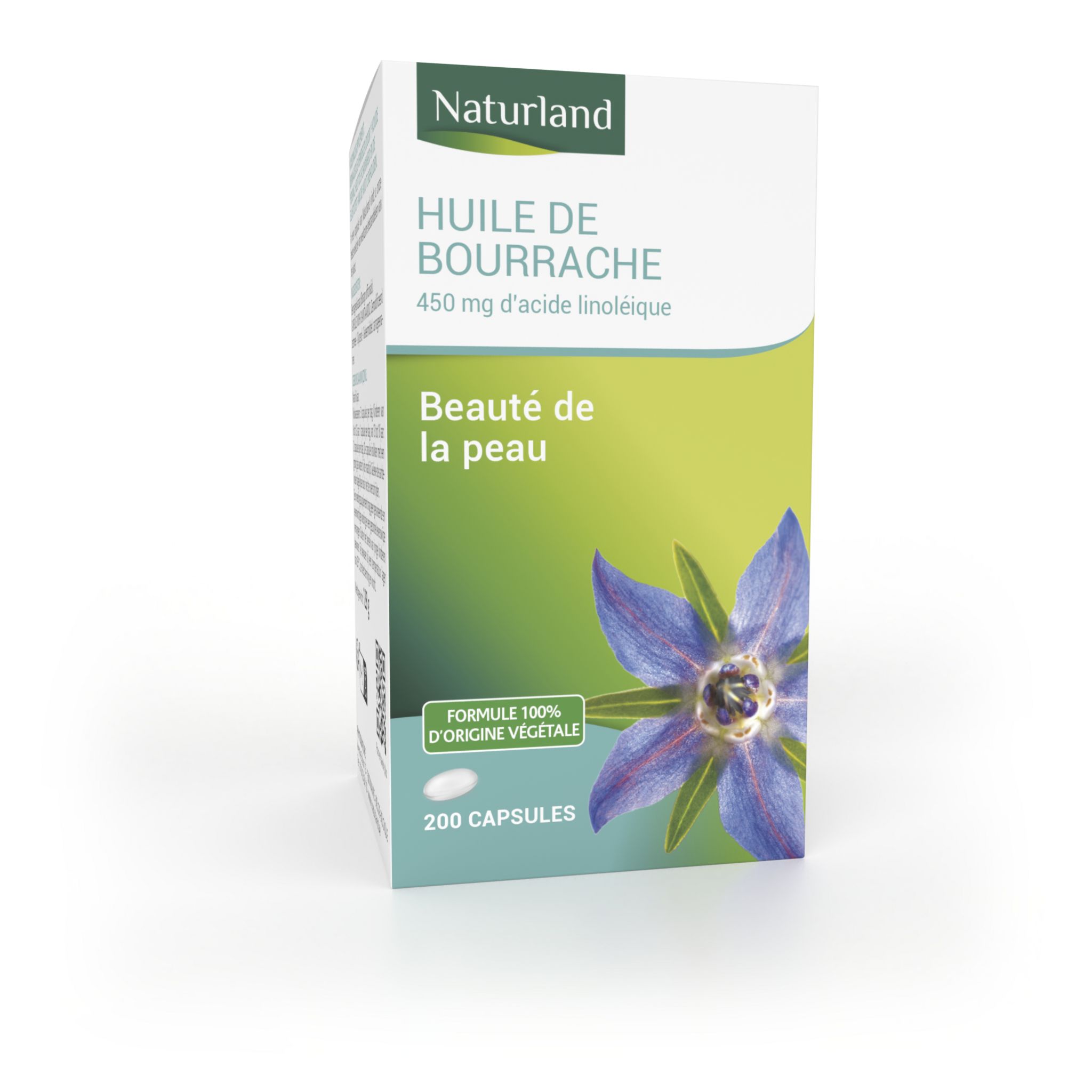 Voir la diapositive 2 : NATURLAND Complément alimentaire huile de bourrache beauté de la peau 200 capsules