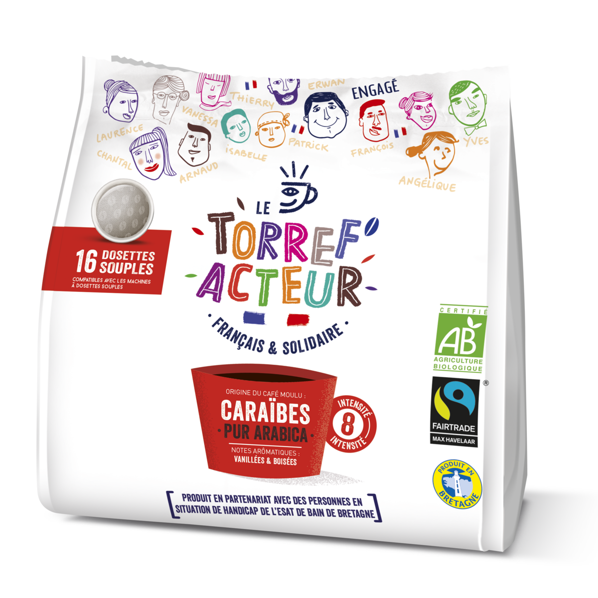 LE TORREF ACTEUR Dosettes de café souples bio Caraïbes pur arabica  16 dosettes 112g